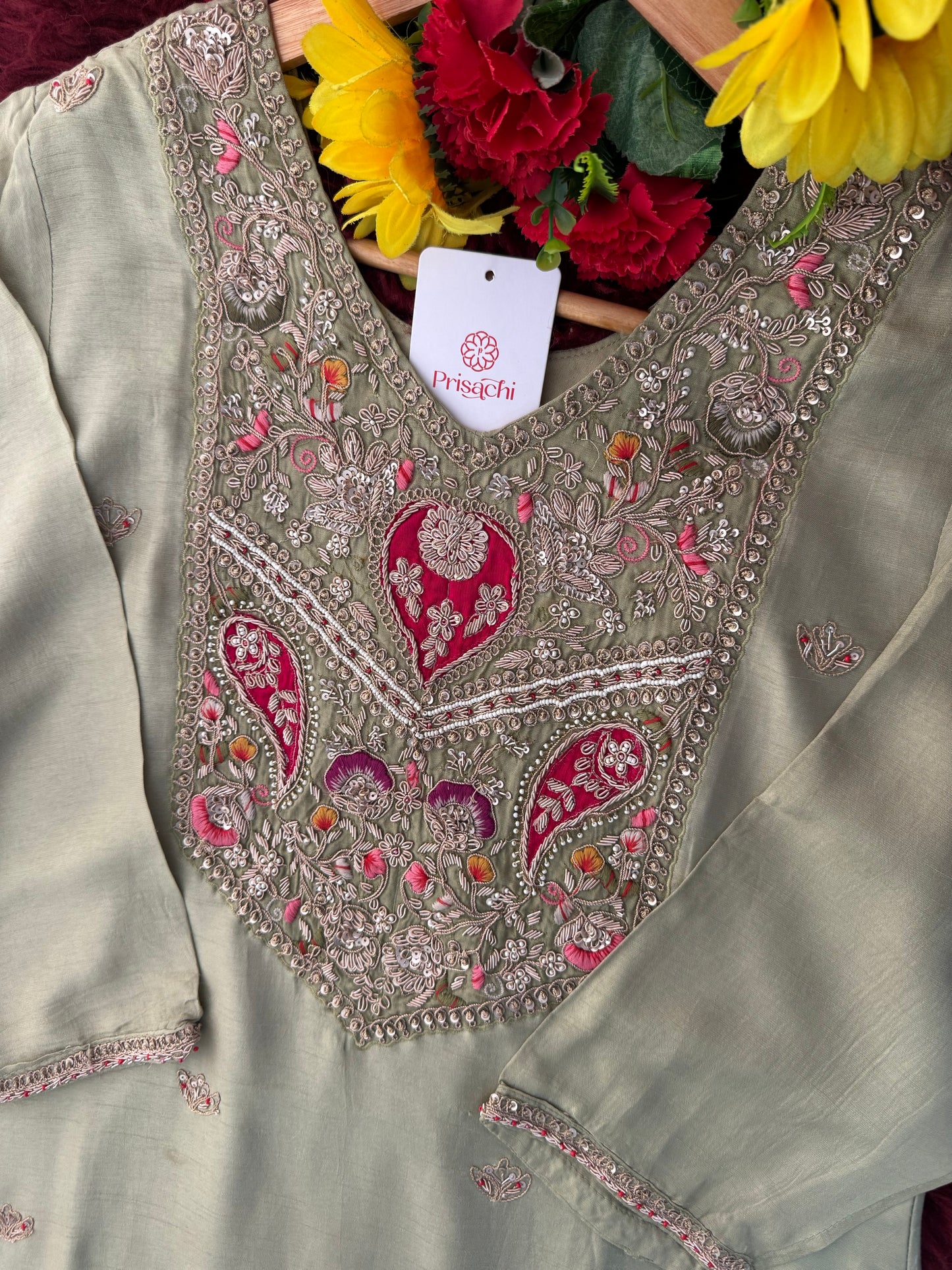 Sage Green Embroidered Designer Ethnic Kurta Set for Women with Palazzo & Dupatta