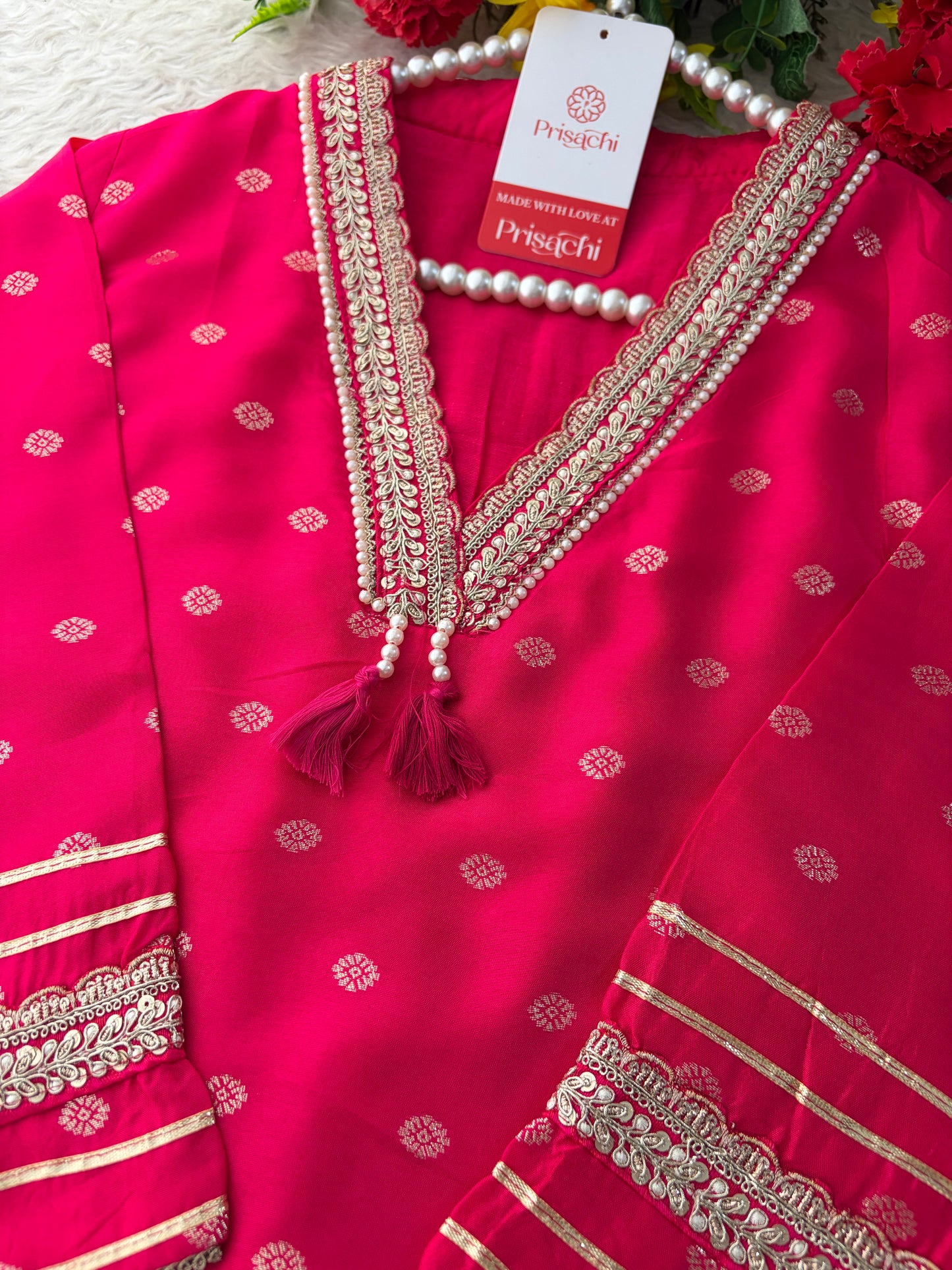 Pink Embroidered Ethnic Kurta Set for Women with Banarasi Dupatta & Pants