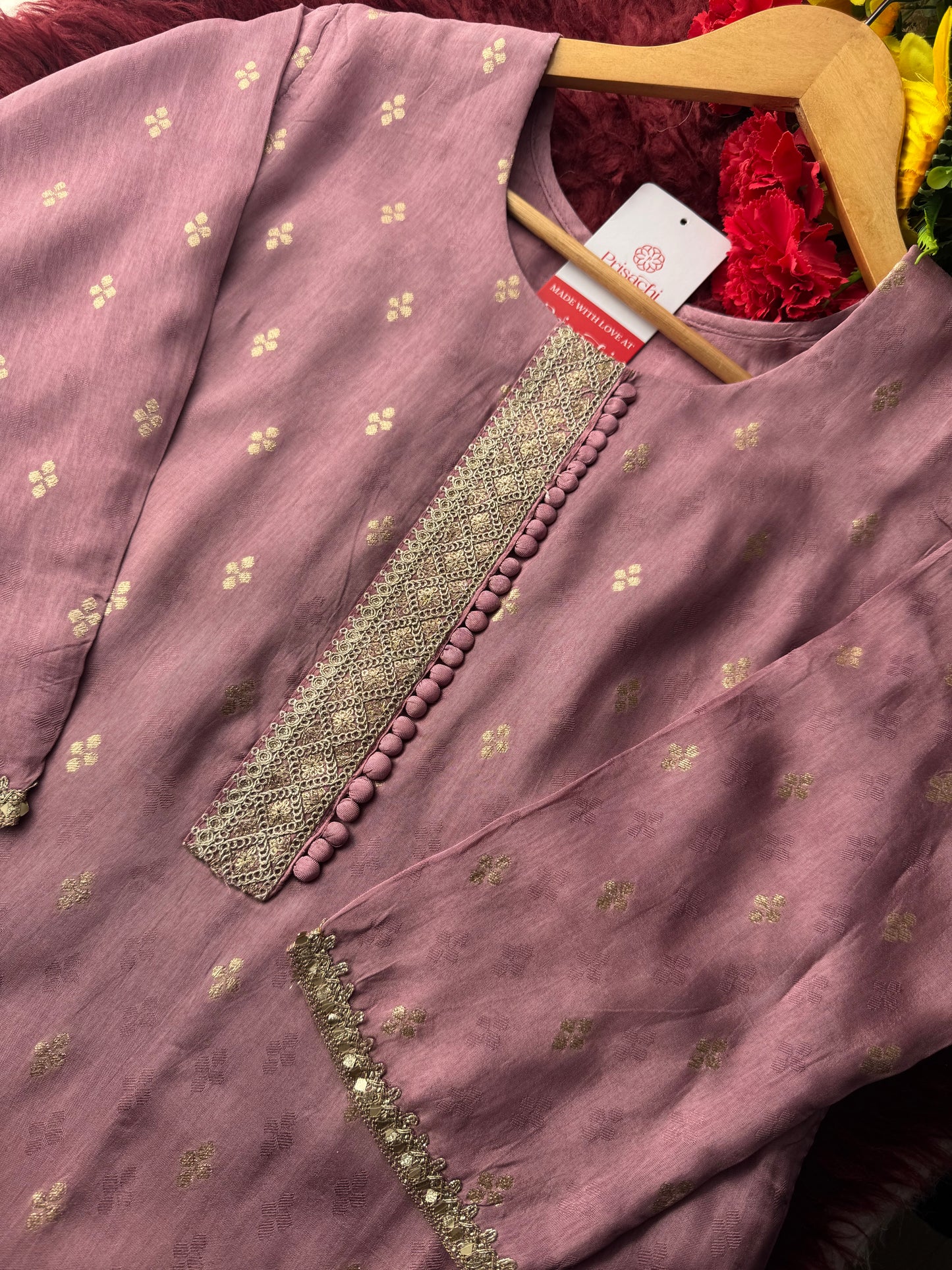 Lavender Embroidered Kurta Set with Pants & Banarasi Dupatta | Traditional Ethnic Wear Suit Set