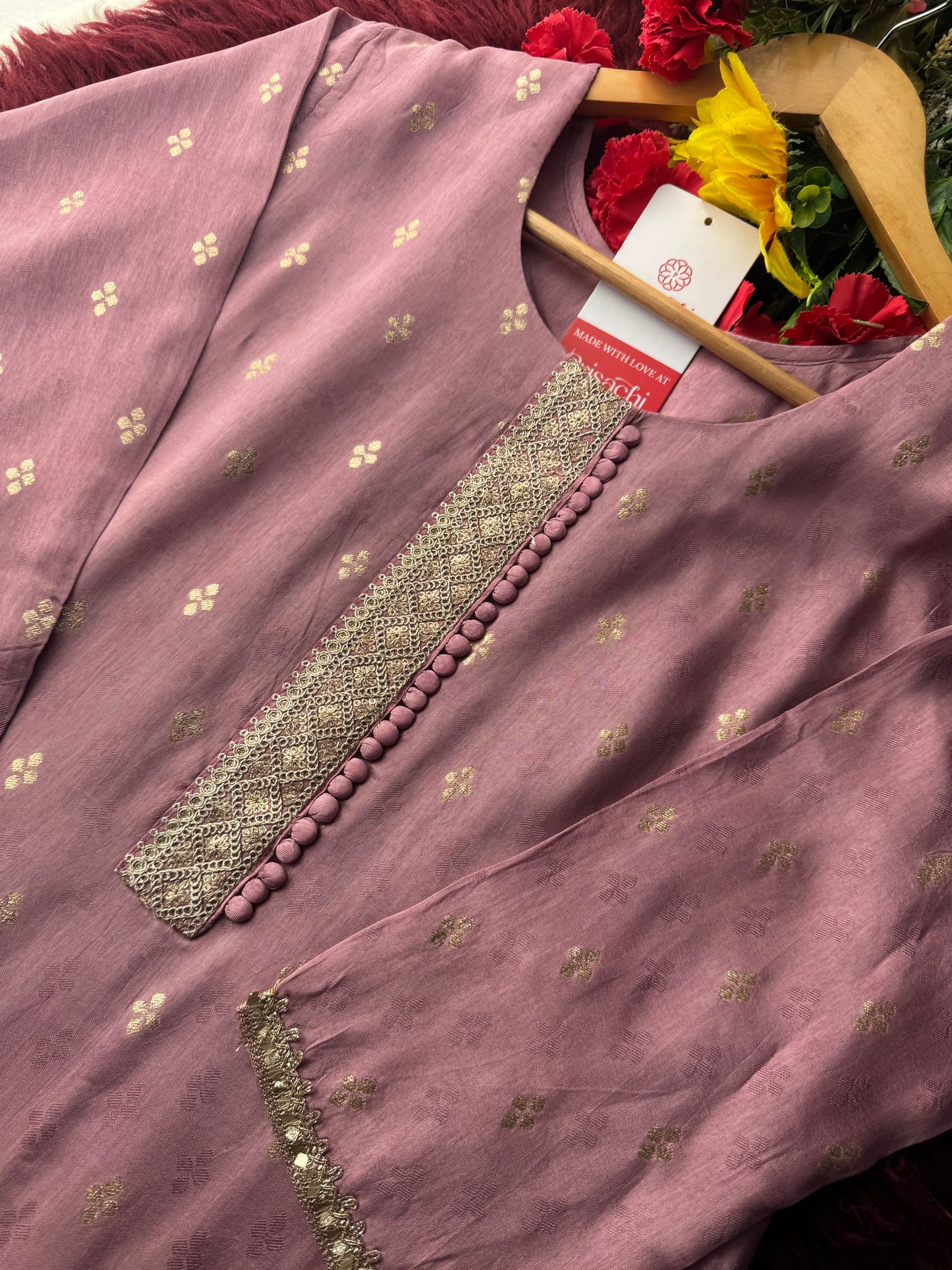 Lavender Embroidered Kurta Set with Pants & Banarasi Dupatta | Traditional Ethnic Wear Suit Set