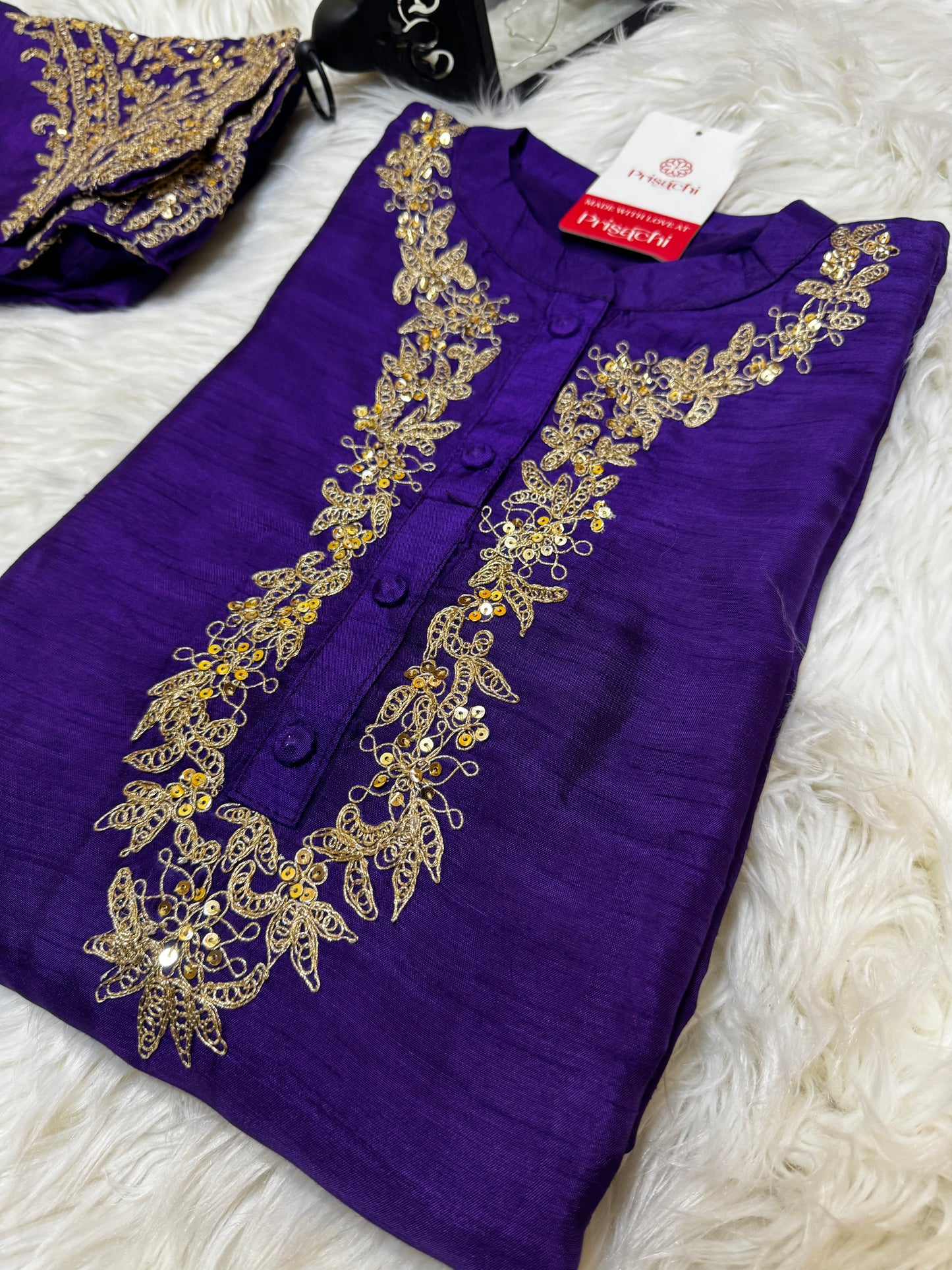 Purple Embroidered straight kurta set with Multicolored dupatta - Prisachi Official
