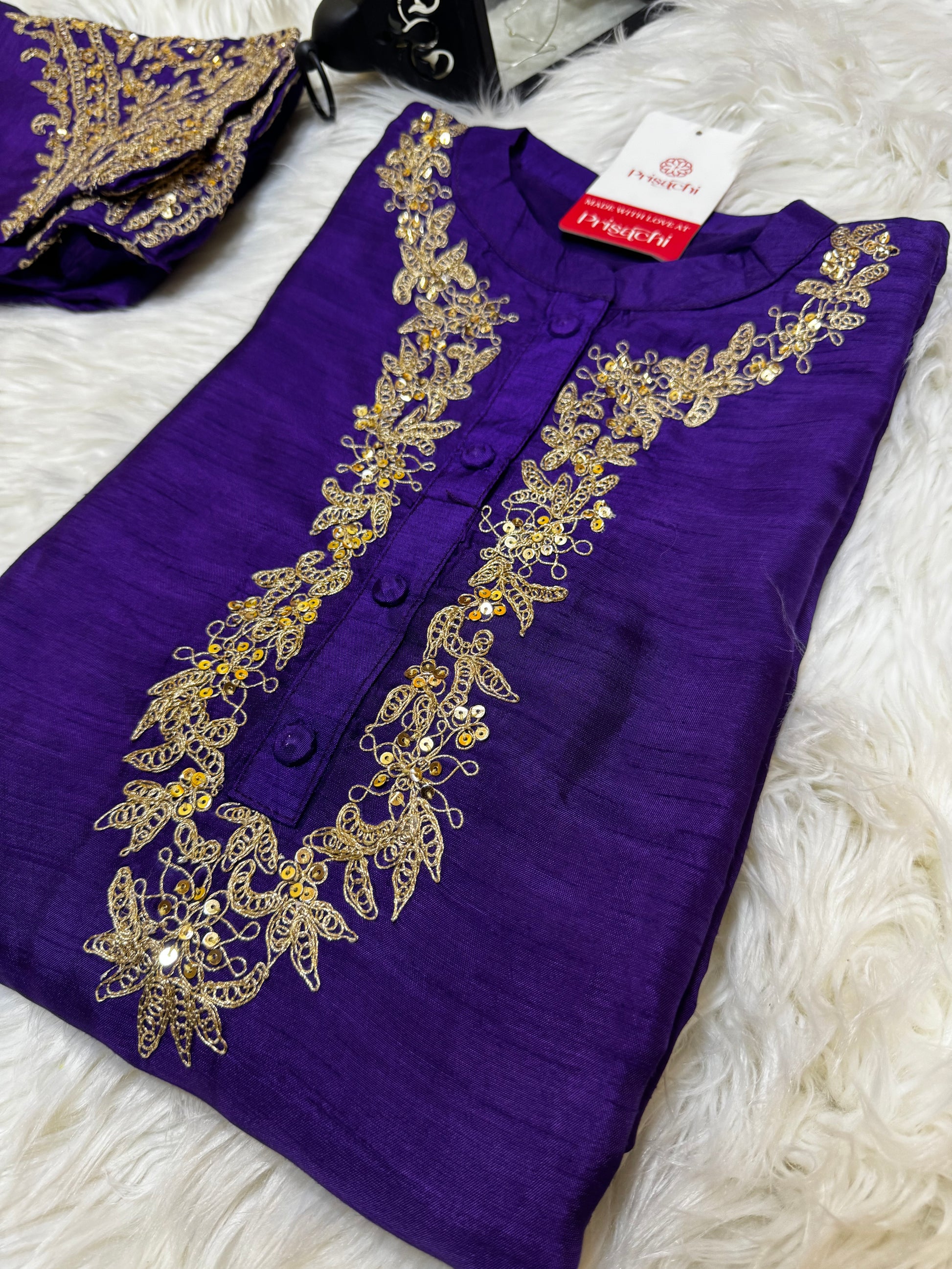 Purple Embroidered straight kurta set with Multicolored dupatta - Prisachi Official