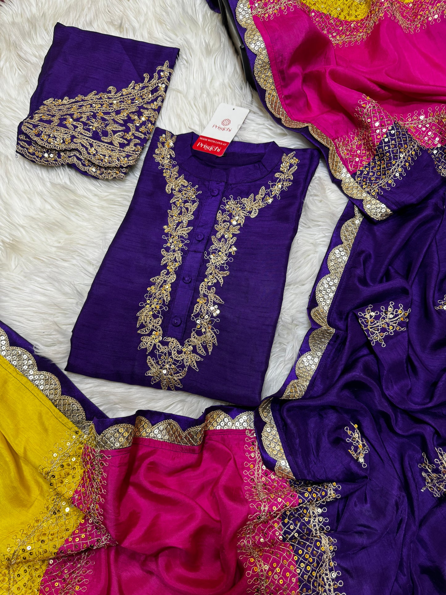 Purple Embroidered straight kurta set with Multicolored dupatta - Prisachi Official