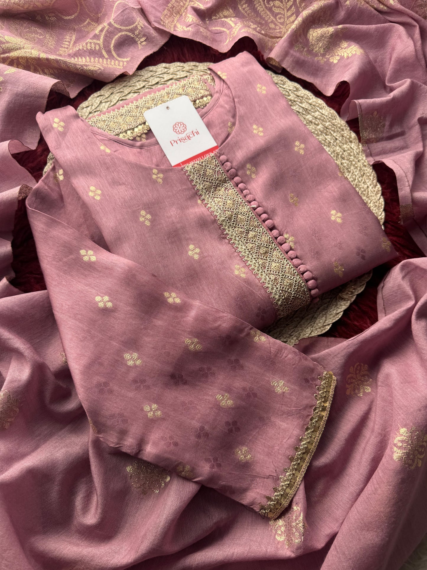 Lavender Embroidered Kurta Set with Pants & Banarasi Dupatta | Traditional Ethnic Wear Suit Set