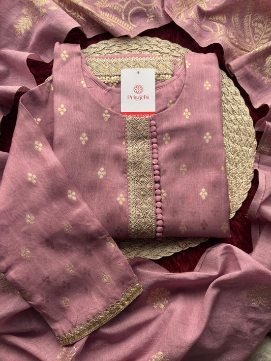 Lavender Embroidered Kurta Set with Pants & Banarasi Dupatta | Traditional Ethnic Wear Suit Set