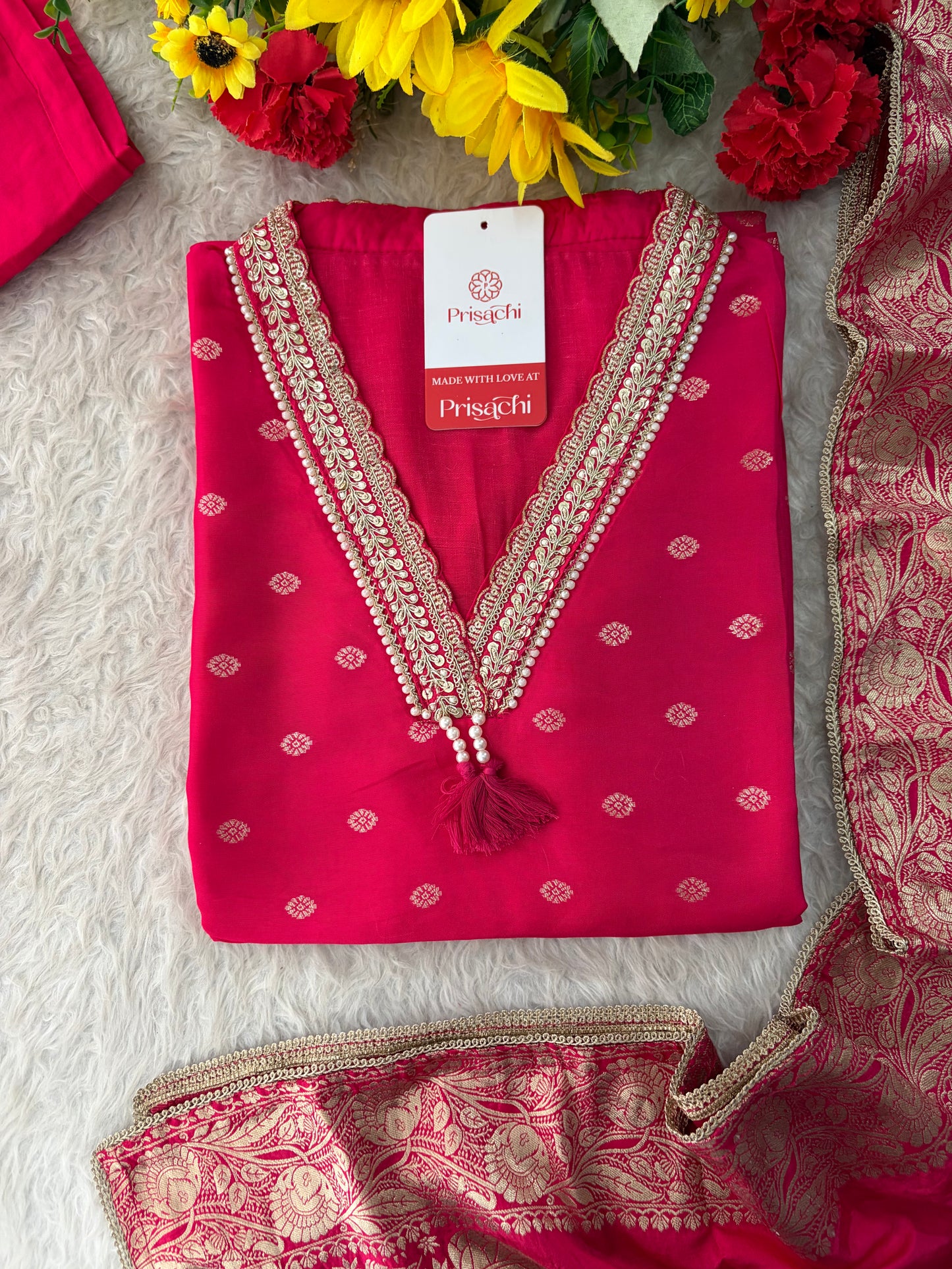 Pink Embroidered Ethnic Kurta Set for Women with Banarasi Dupatta & Pants