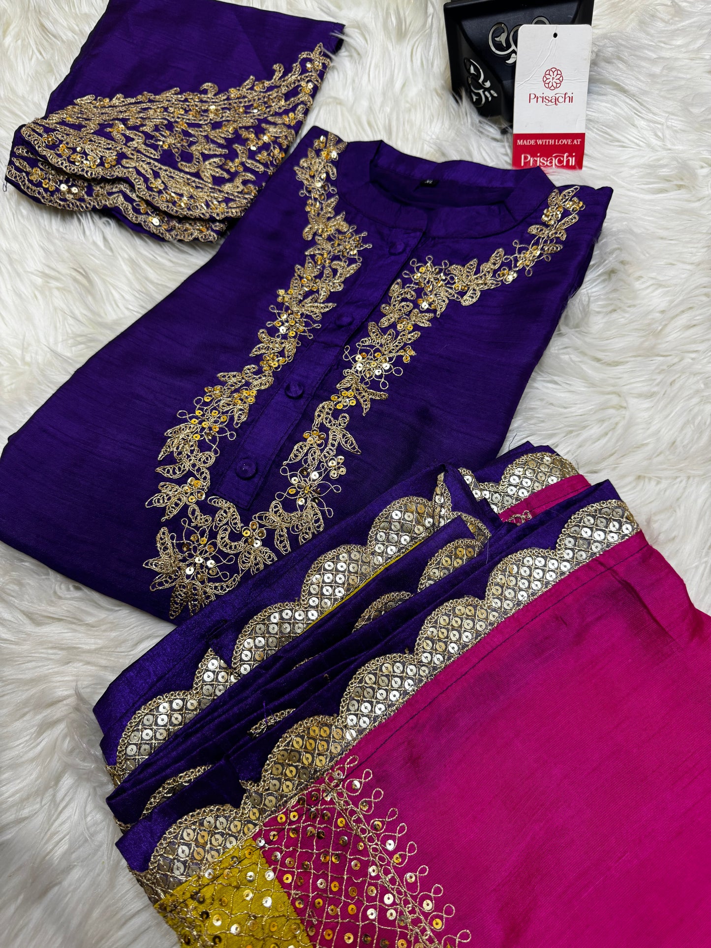 Purple Embroidered straight kurta set with Multicolored dupatta - Prisachi Official