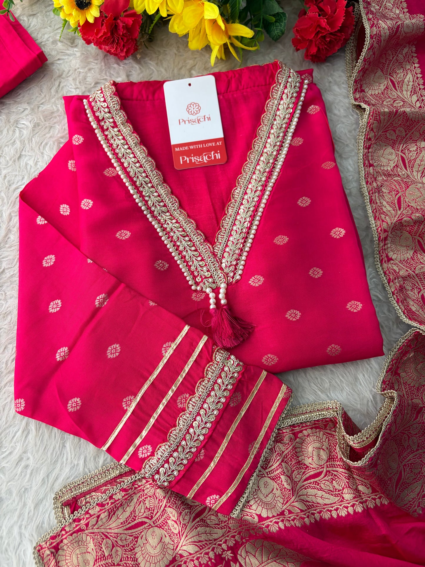 Pink Embroidered Ethnic Kurta Set for Women with Banarasi Dupatta & Pants