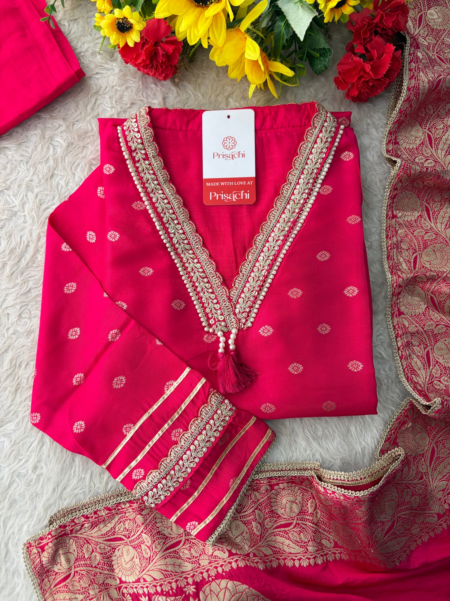 Pink Embroidered Ethnic Kurta Set for Women with Banarasi Dupatta & Pants