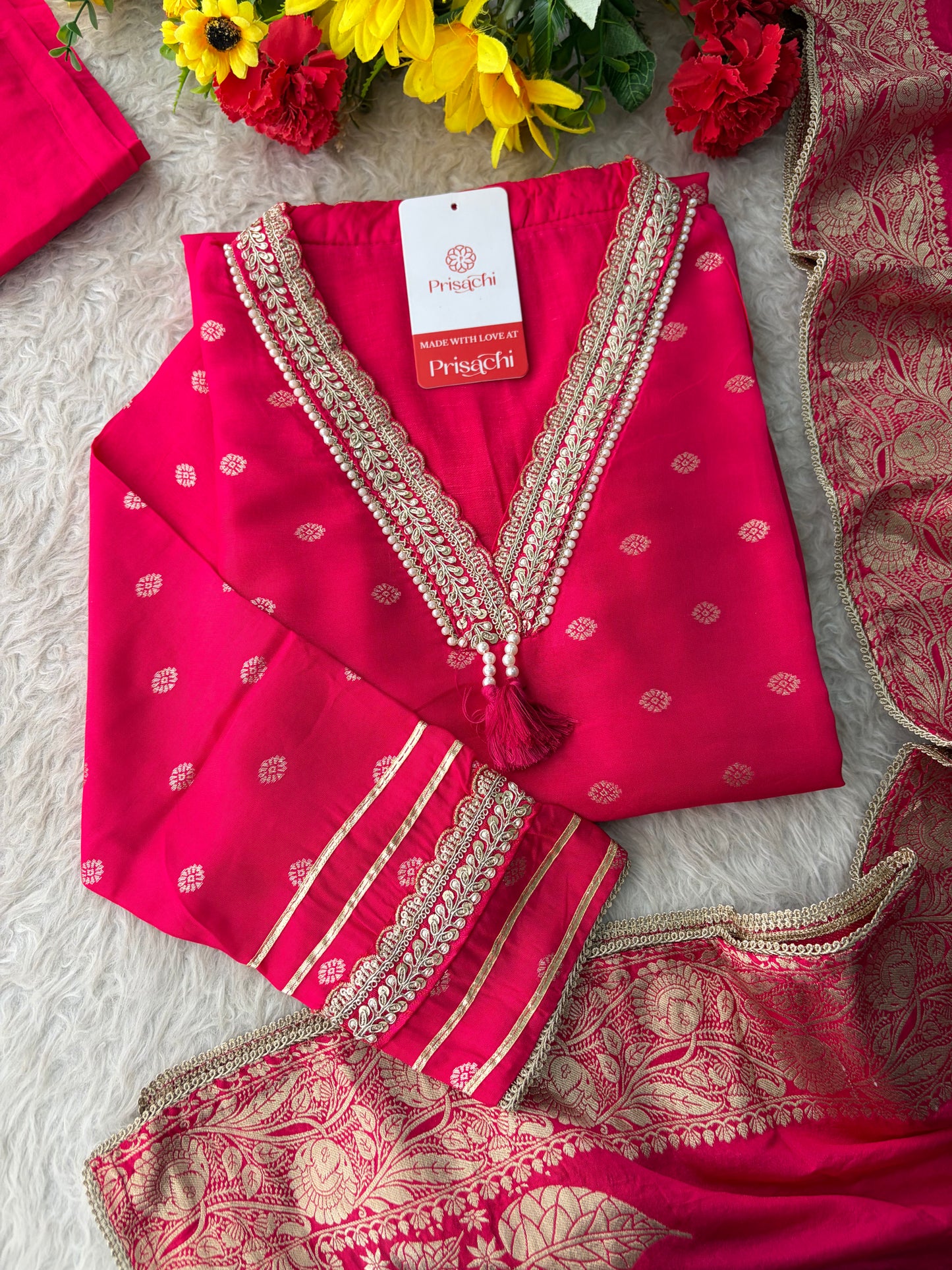 Pink Embroidered Ethnic Kurta Set for Women with Banarasi Dupatta & Pants