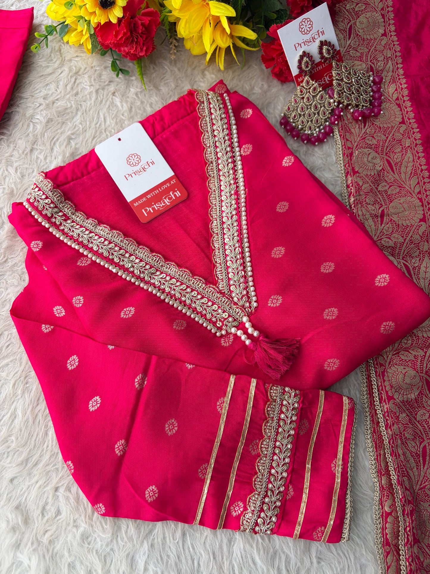 Pink Embroidered Ethnic Kurta Set for Women with Banarasi Dupatta & Pants