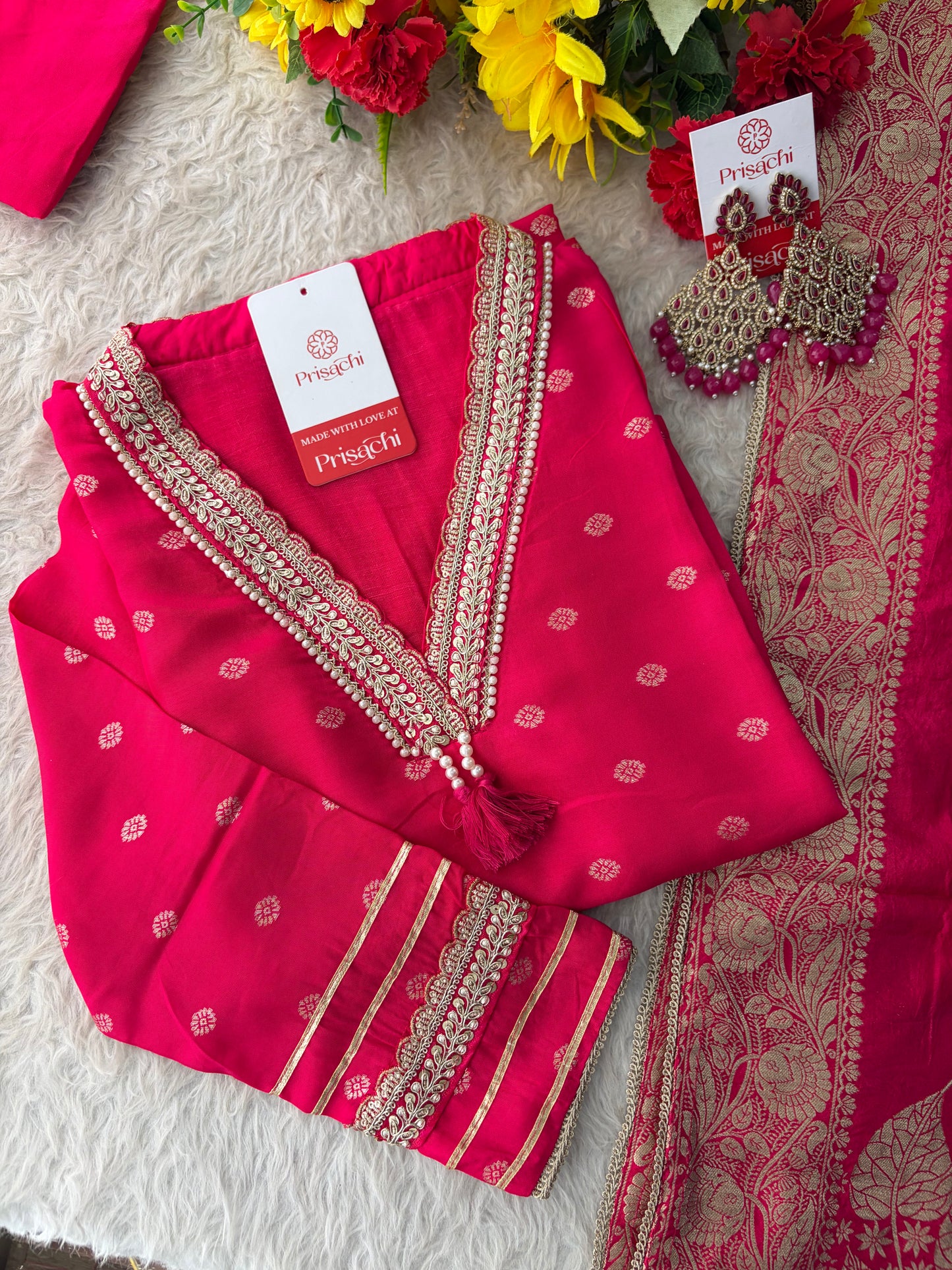 Pink Embroidered Ethnic Kurta Set for Women with Banarasi Dupatta & Pants