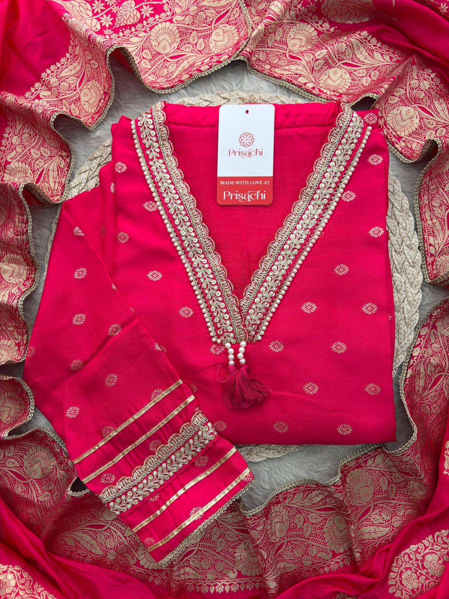 Pink Embroidered Ethnic Kurta Set for Women with Banarasi Dupatta & Pants