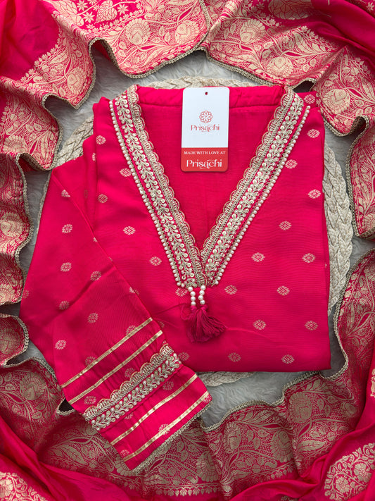 Pink Embroidered Ethnic Kurta Set for Women with Banarasi Dupatta & Pants