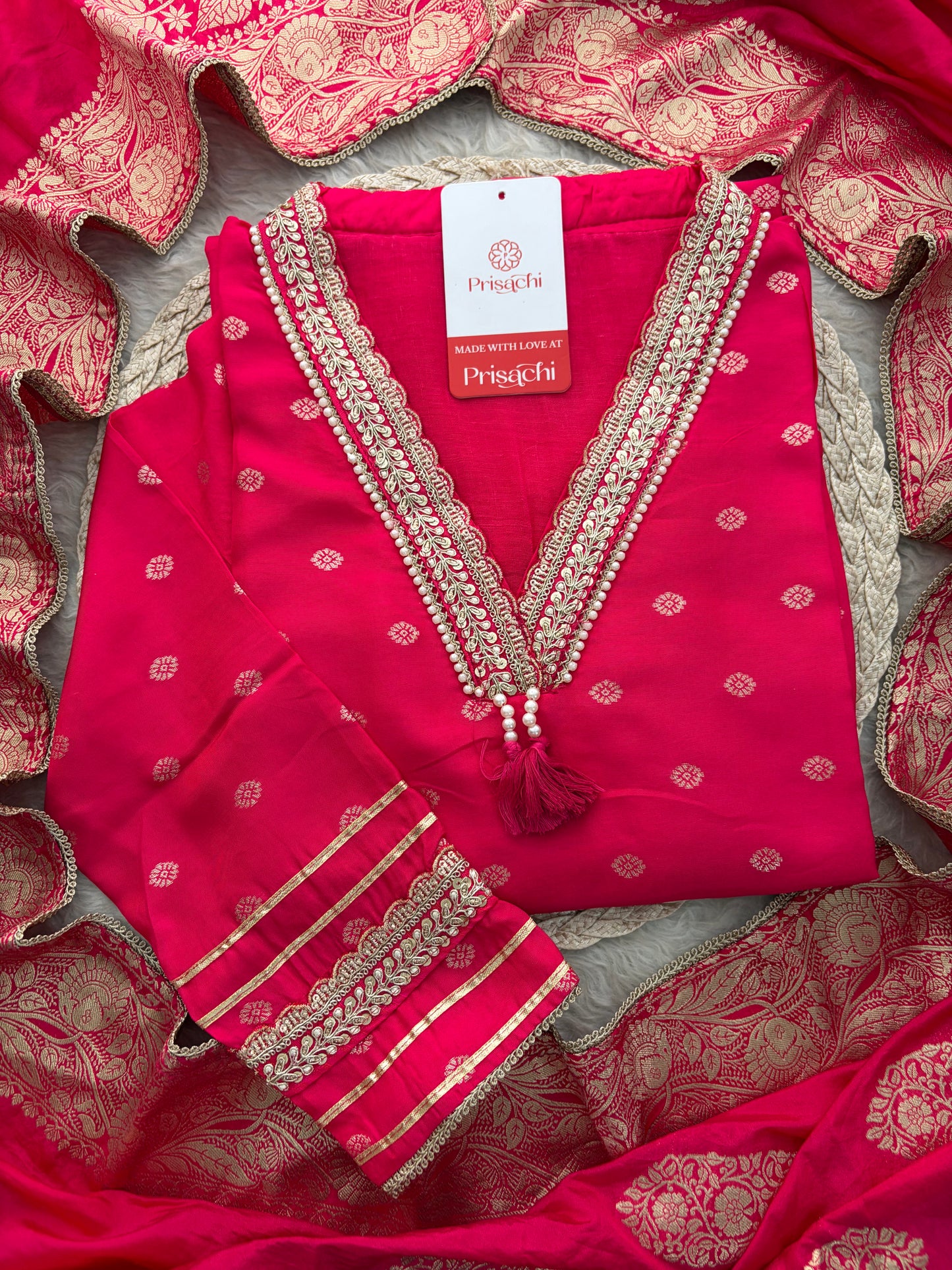 Pink Embroidered Ethnic Kurta Set for Women with Banarasi Dupatta & Pants