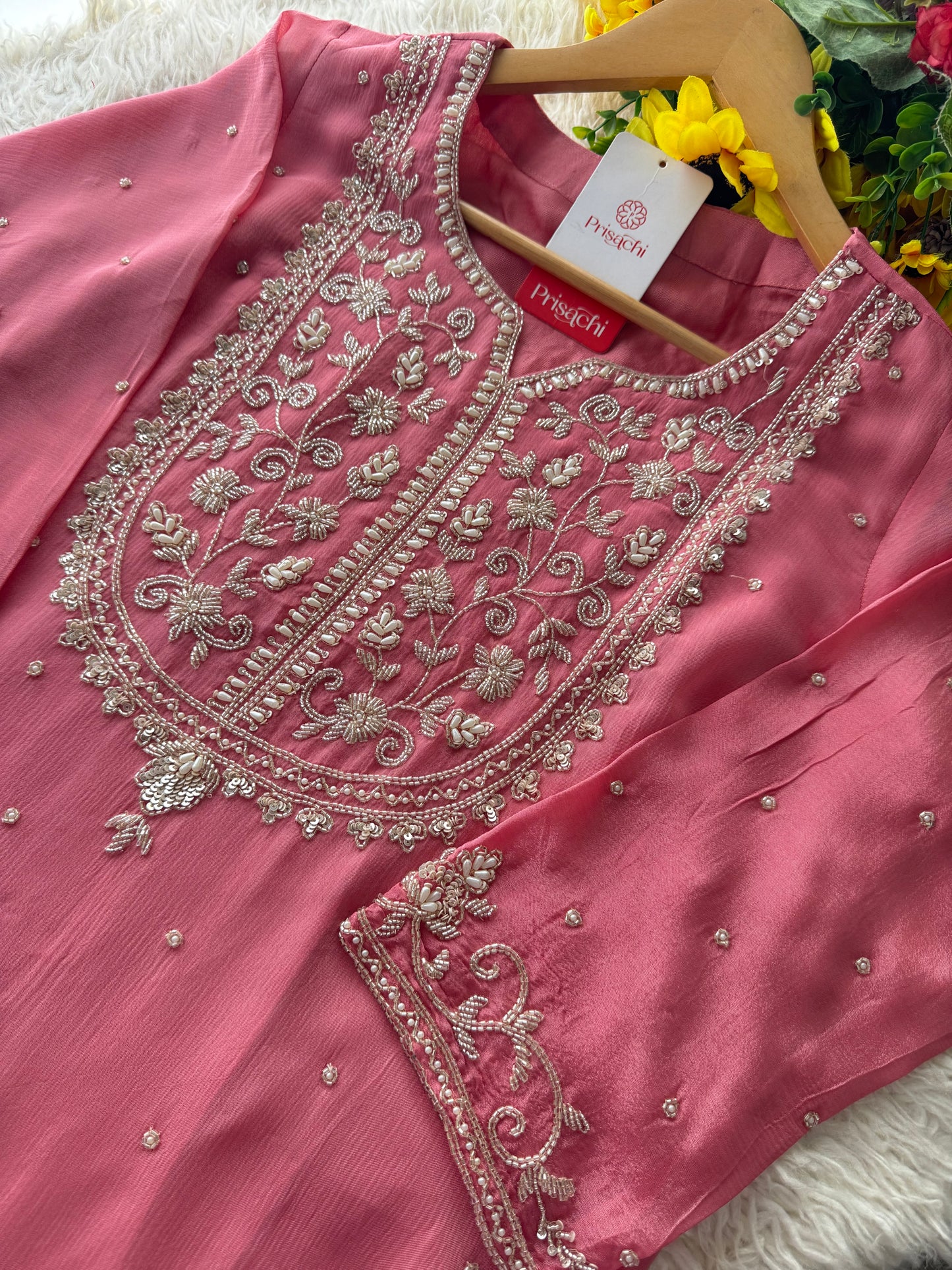 Pink Embroidered Ethnic Kurti Sharara Set with Dupatta - Prisachi Official