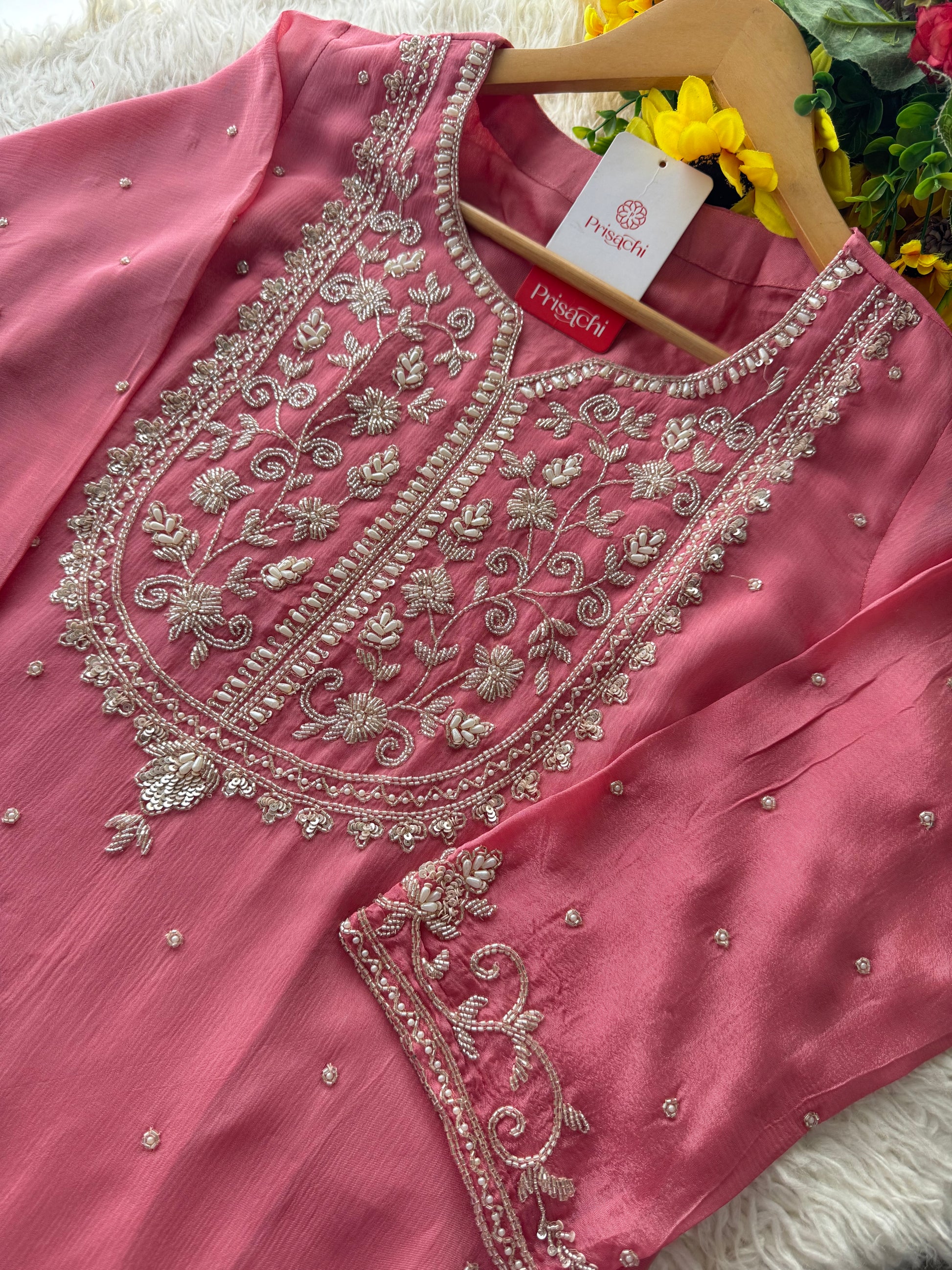 Pink Embroidered Ethnic Kurti Sharara Set with Dupatta - Prisachi Official