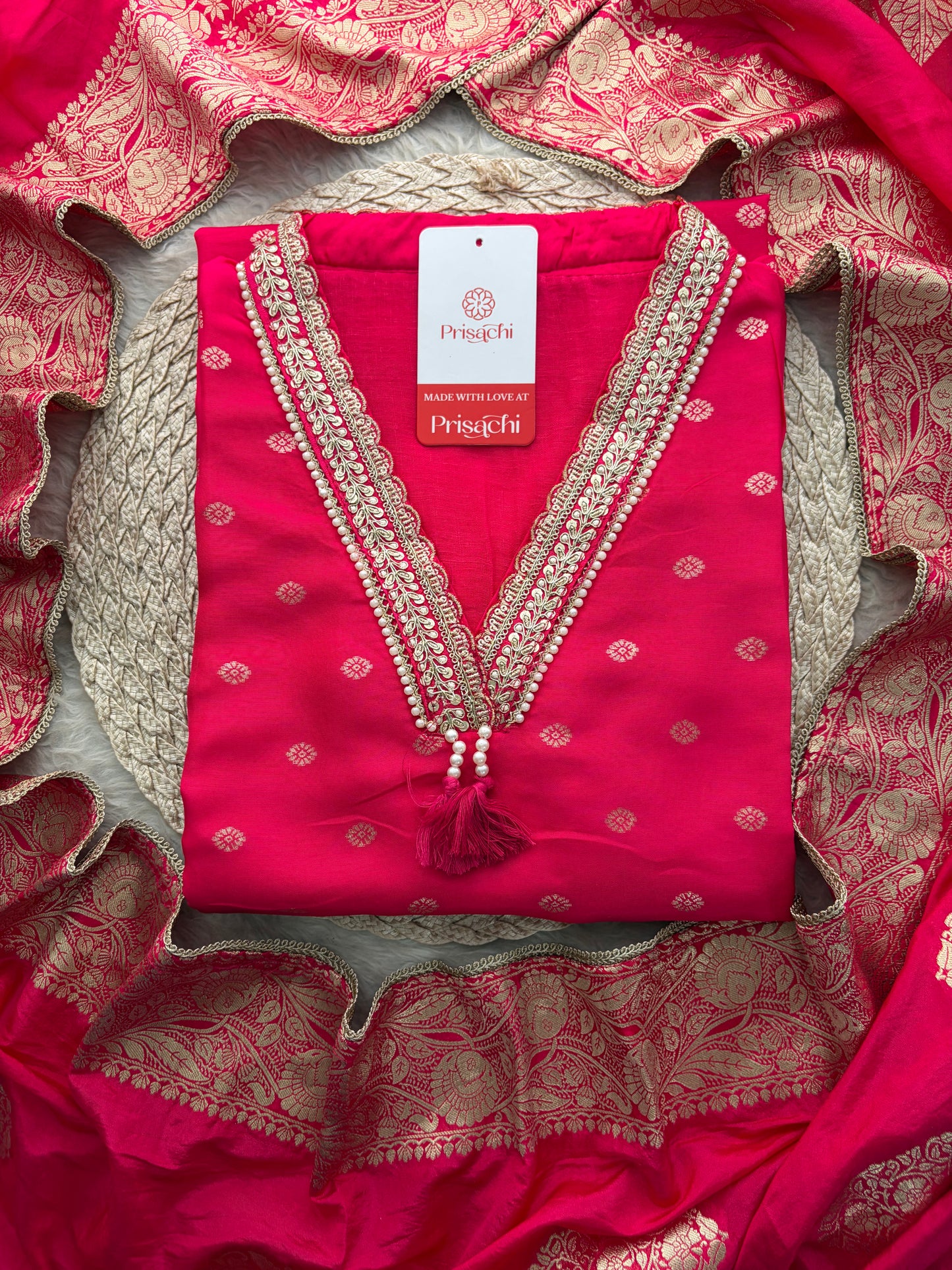 Pink Embroidered Ethnic Kurta Set for Women with Banarasi Dupatta & Pants