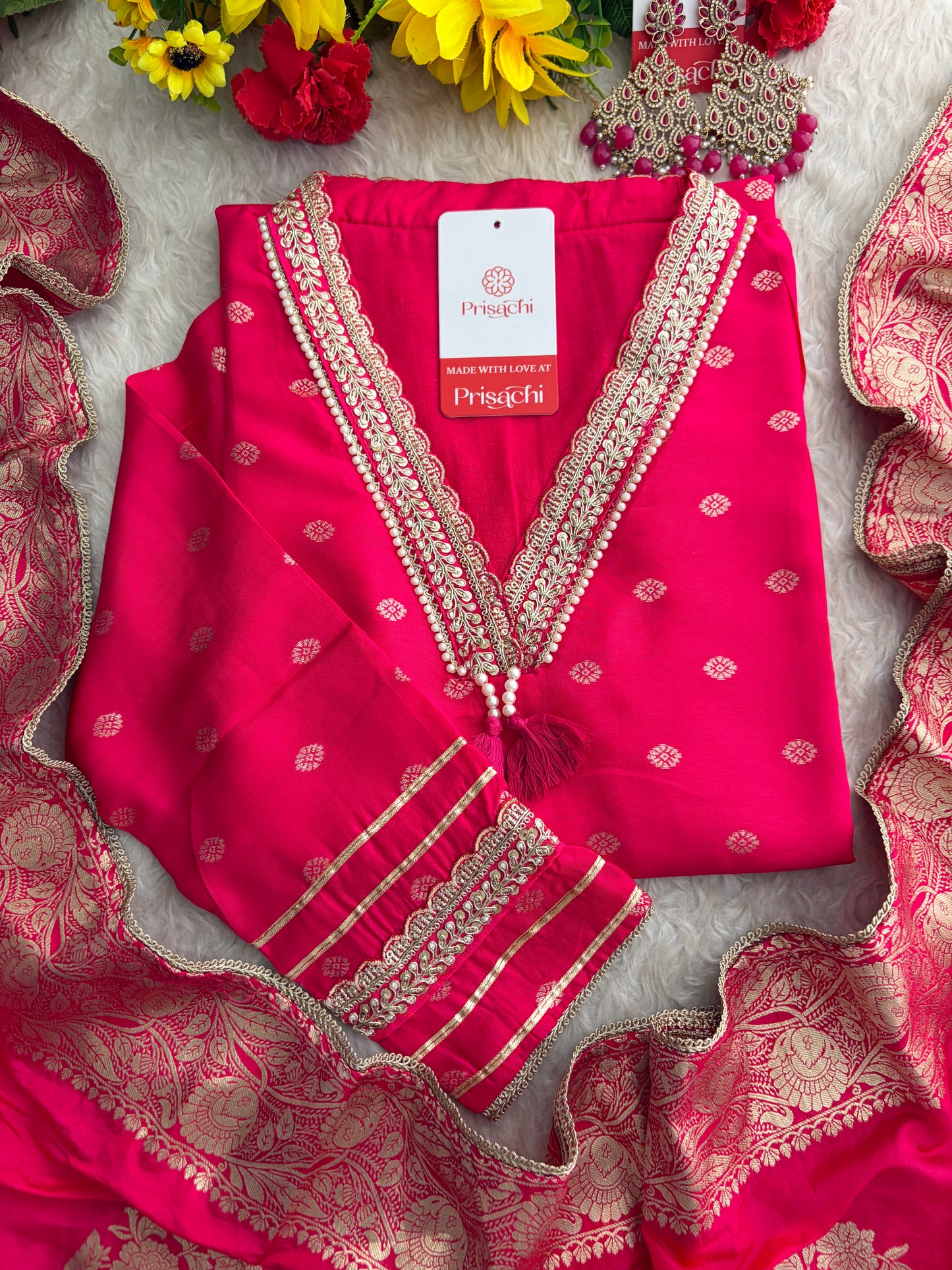Pink Embroidered Ethnic Kurta Set for Women with Banarasi Dupatta & Pants
