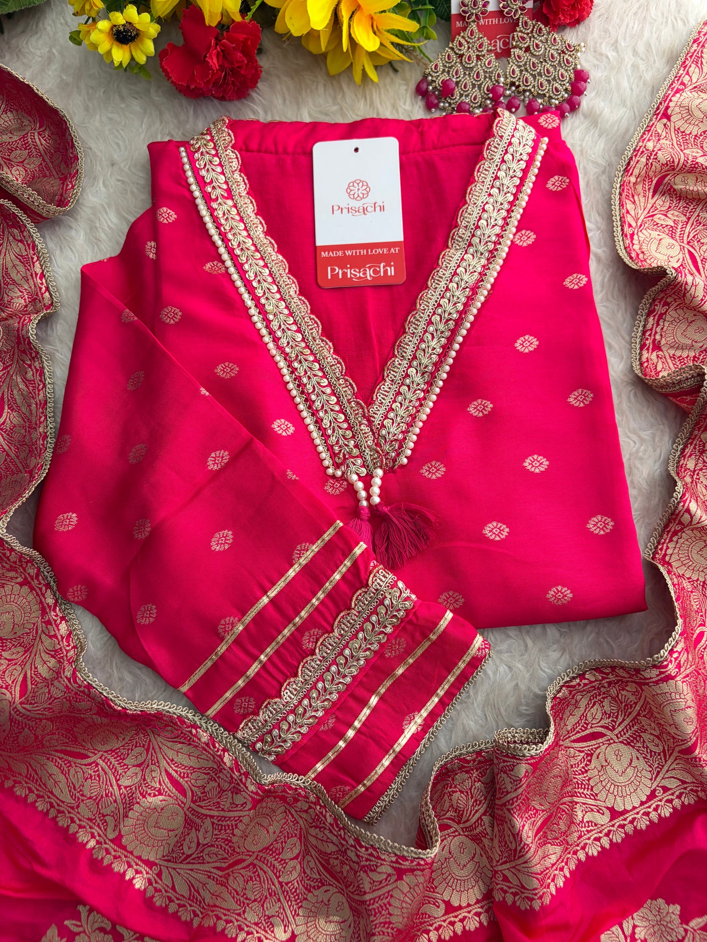 Pink Embroidered Ethnic Kurta Set for Women with Banarasi Dupatta & Pants