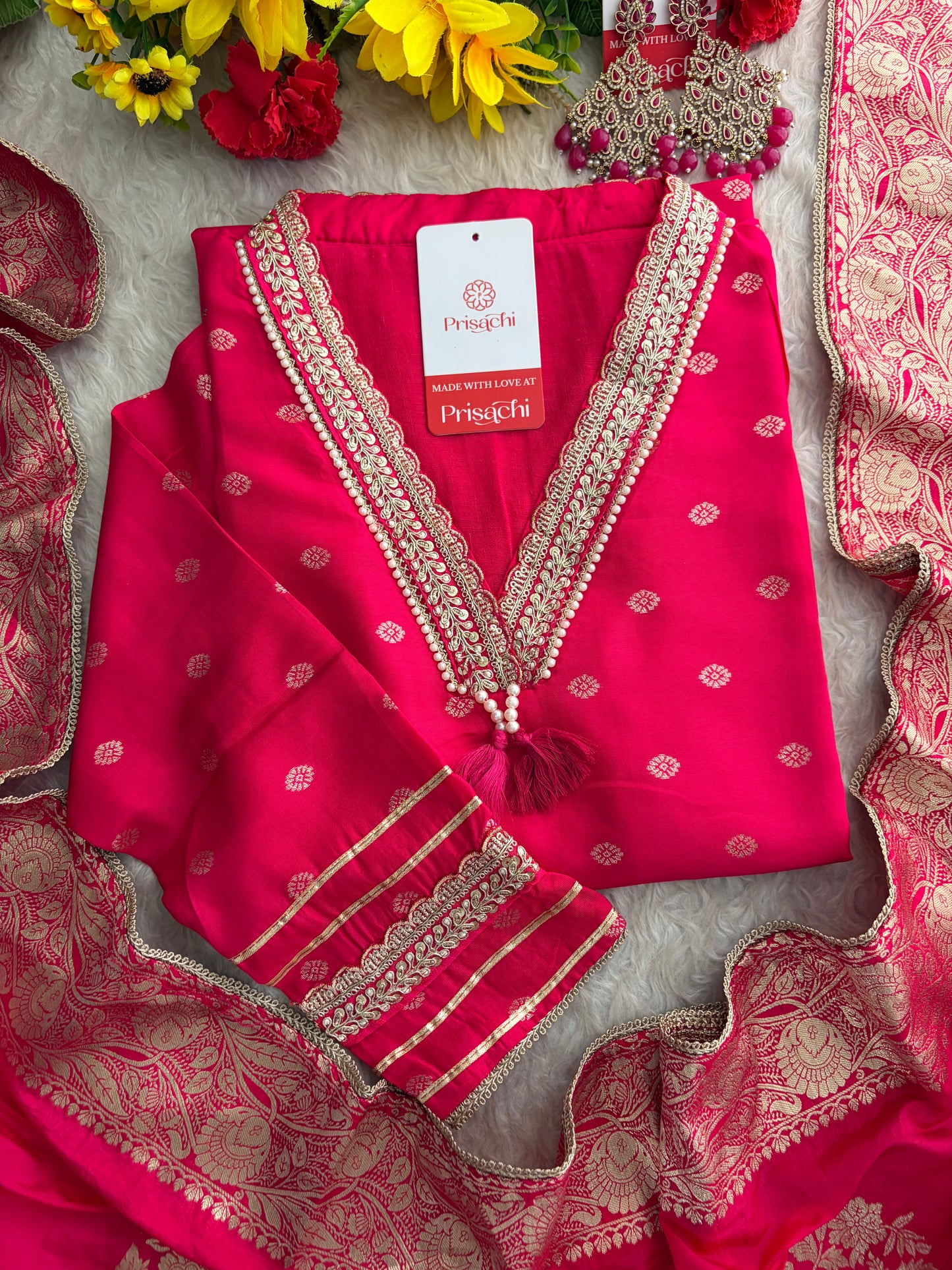 Pink Embroidered Ethnic Kurta Set for Women with Banarasi Dupatta & Pants