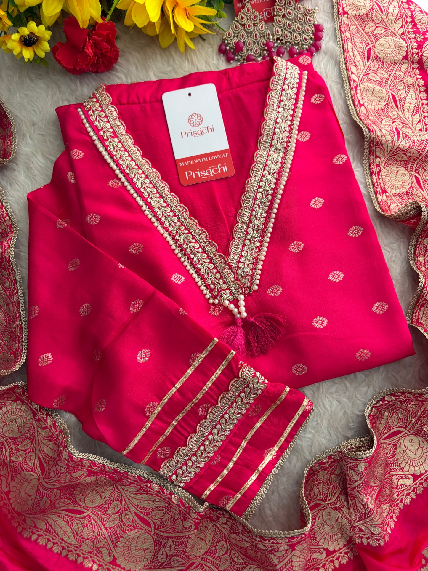 Pink Embroidered Ethnic Kurta Set for Women with Banarasi Dupatta & Pants