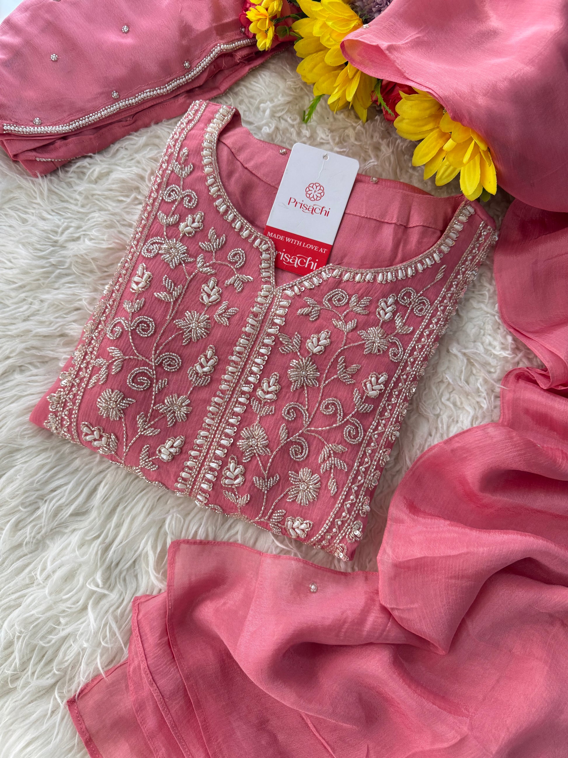 Pink Embroidered Ethnic Kurti Sharara Set with Dupatta - Prisachi Official