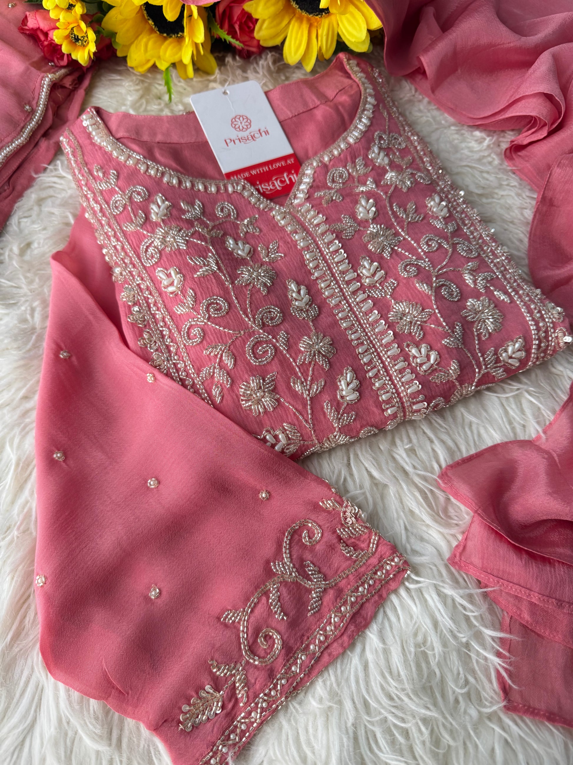 Pink Embroidered Ethnic Kurti Sharara Set with Dupatta - Prisachi Official