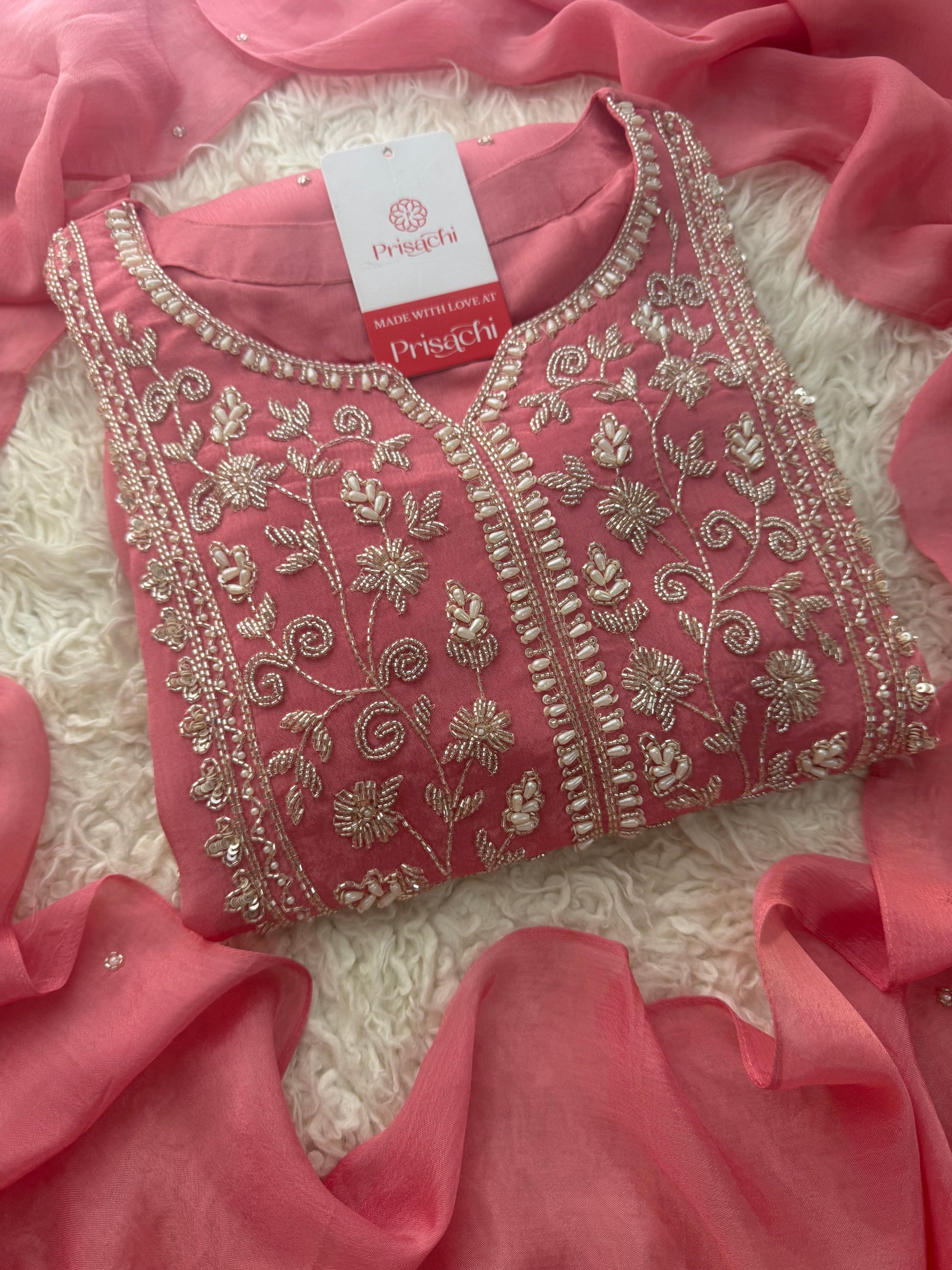 Pink Embroidered Ethnic Kurti Sharara Set with Dupatta - Prisachi Official