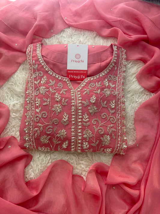 Pink Embroidered Ethnic Kurti Sharara Set with Dupatta