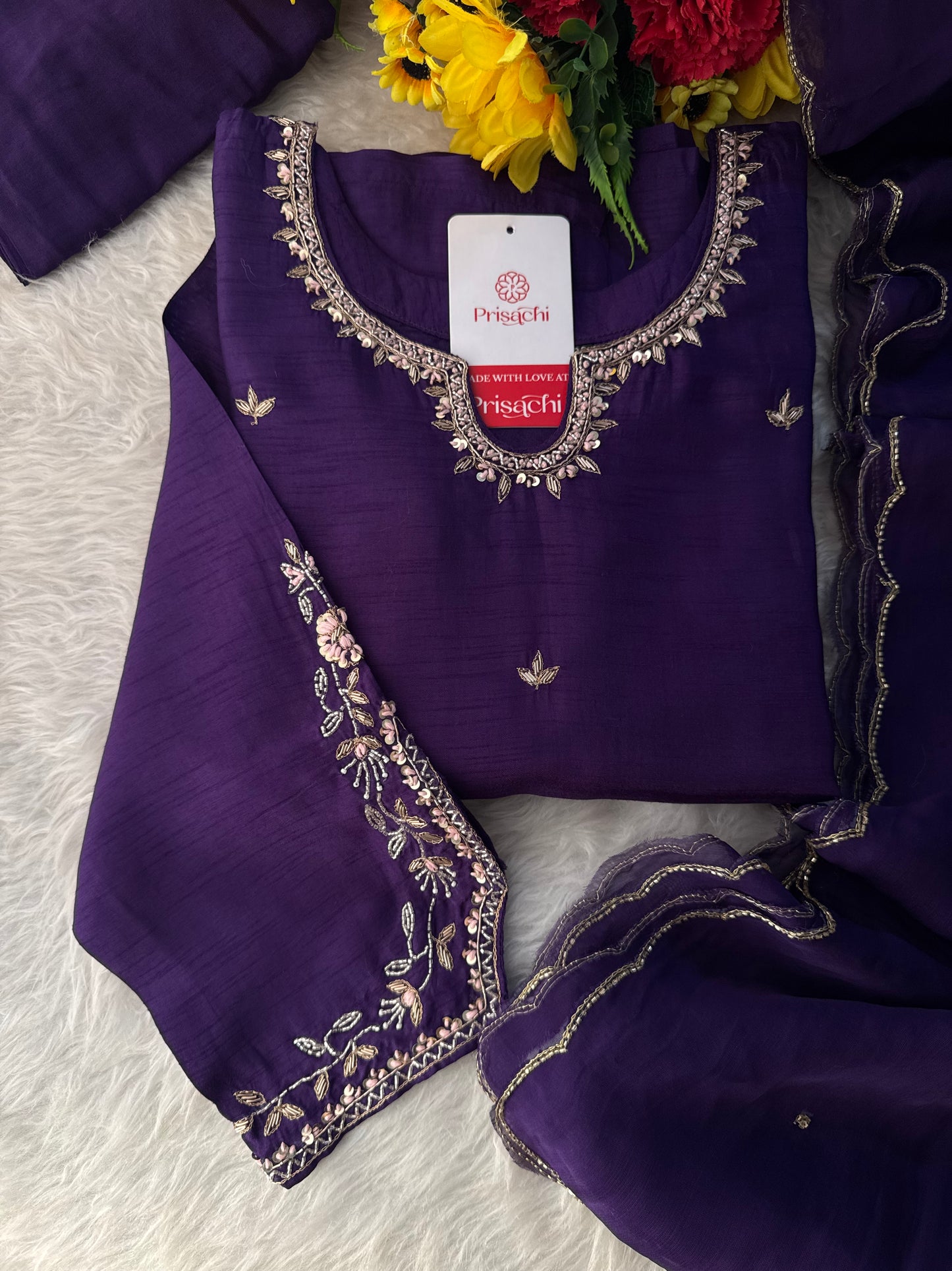 Purple Designer Embroidered Kurta Set with Pants & Dupatta Ethnic Wear