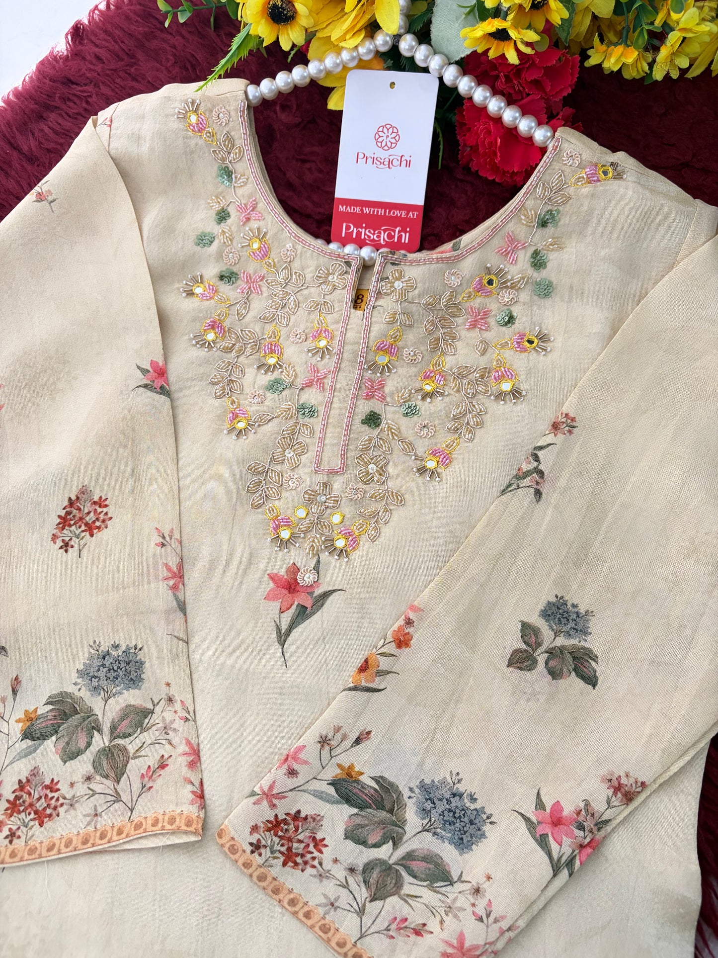 Cream Floral Printed Embroidered Kurta Set with Pants & Dupatta for Women | Festive Ethnic Suit