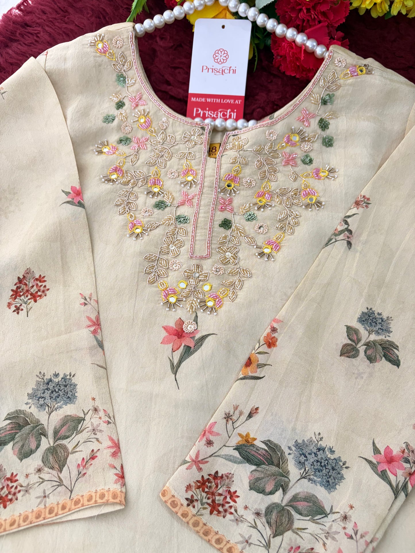 Cream Floral Printed Embroidered Kurta Set with Pants & Dupatta for Women | Festive Ethnic Suit