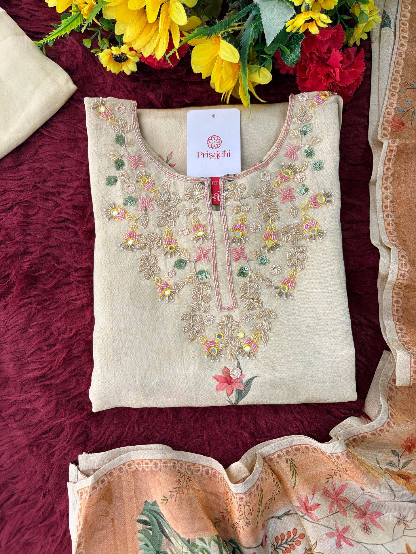 Cream Floral Printed Embroidered Kurta Set with Pants & Dupatta for Women | Festive Ethnic Suit