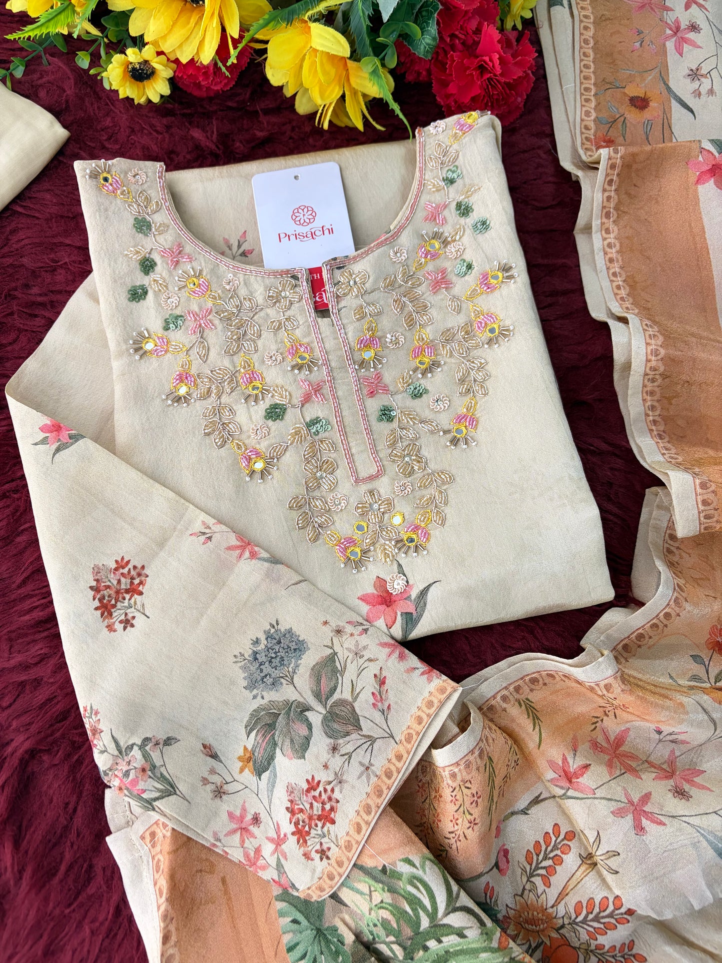 Cream Floral Printed Embroidered Kurta Set with Pants & Dupatta for Women | Festive Ethnic Suit