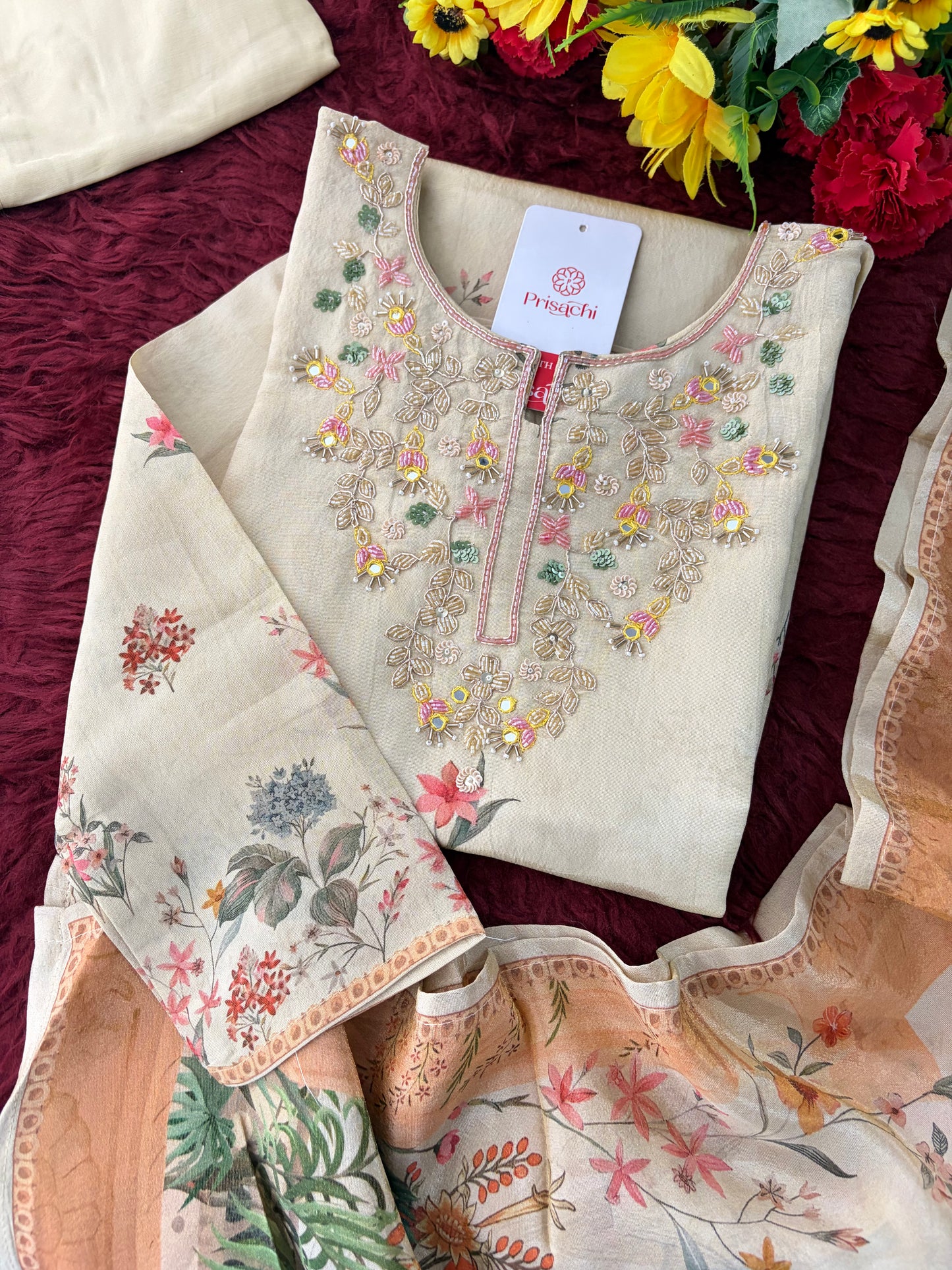Cream Floral Printed Embroidered Kurta Set with Pants & Dupatta for Women | Festive Ethnic Suit