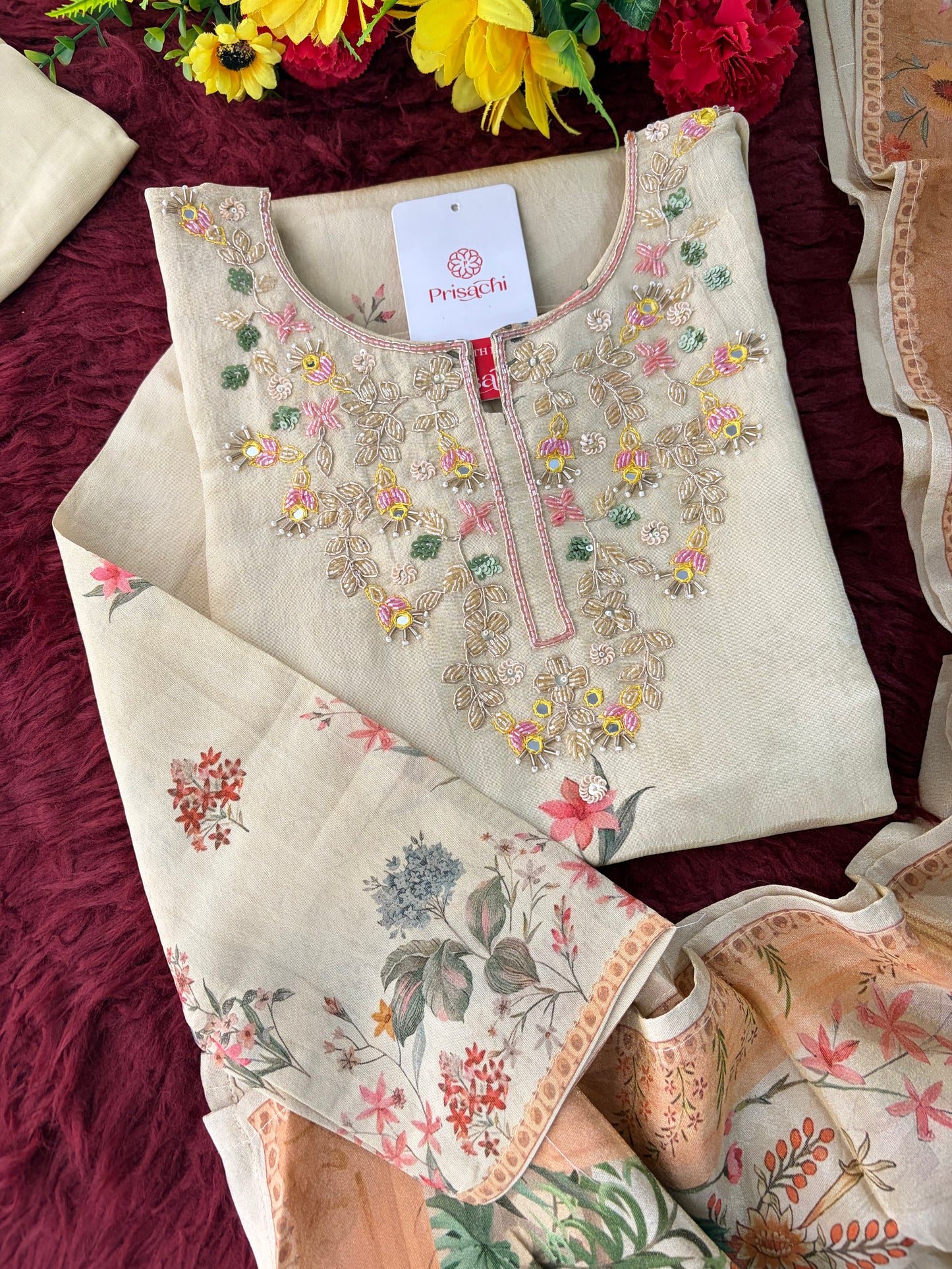 Cream Floral Printed Embroidered Kurta Set with Pants & Dupatta for Women | Festive Ethnic Suit