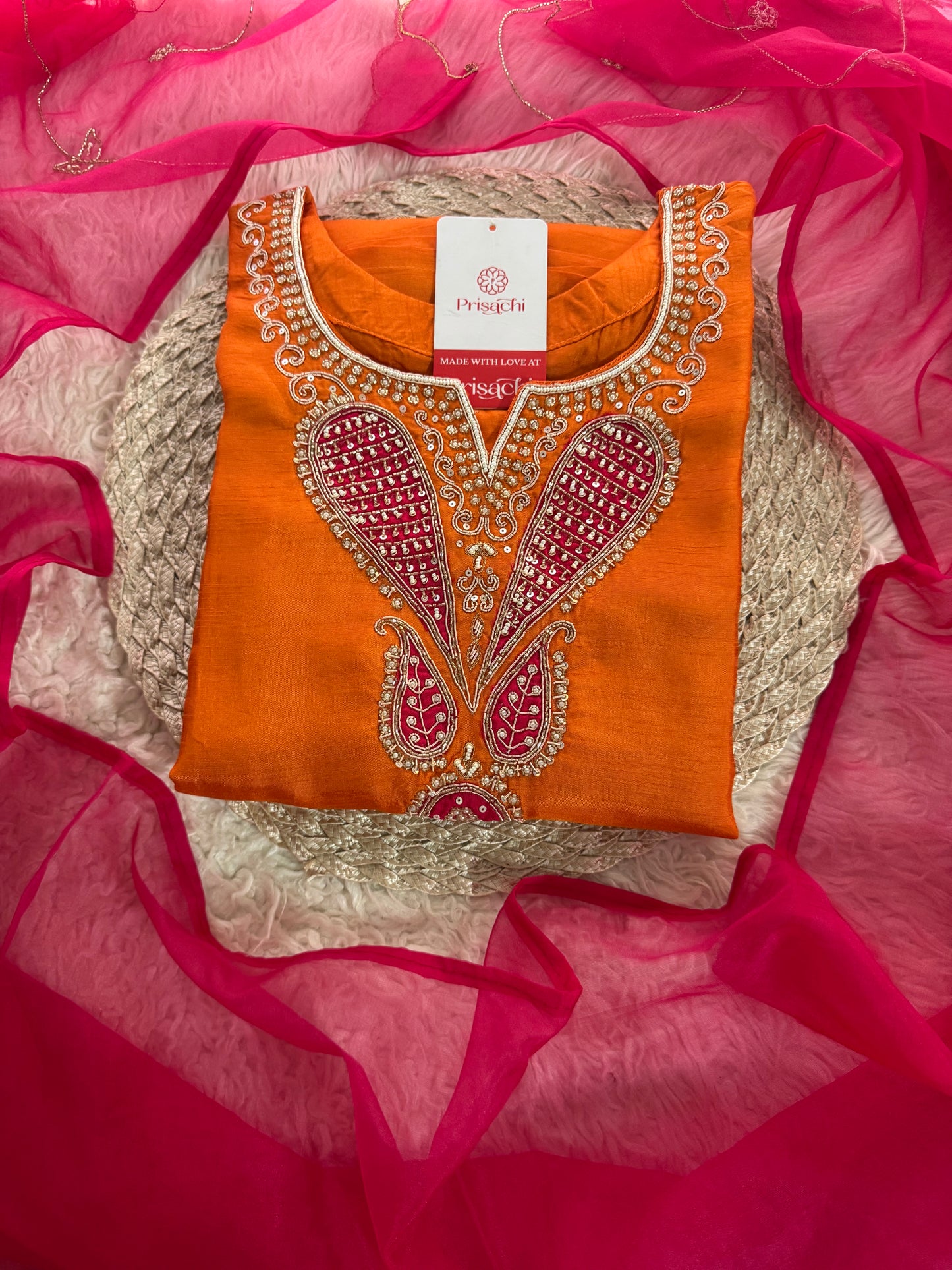 Orange Designer Embroidered Kurta Set for Women with Dupatta & Pants - Prisachi