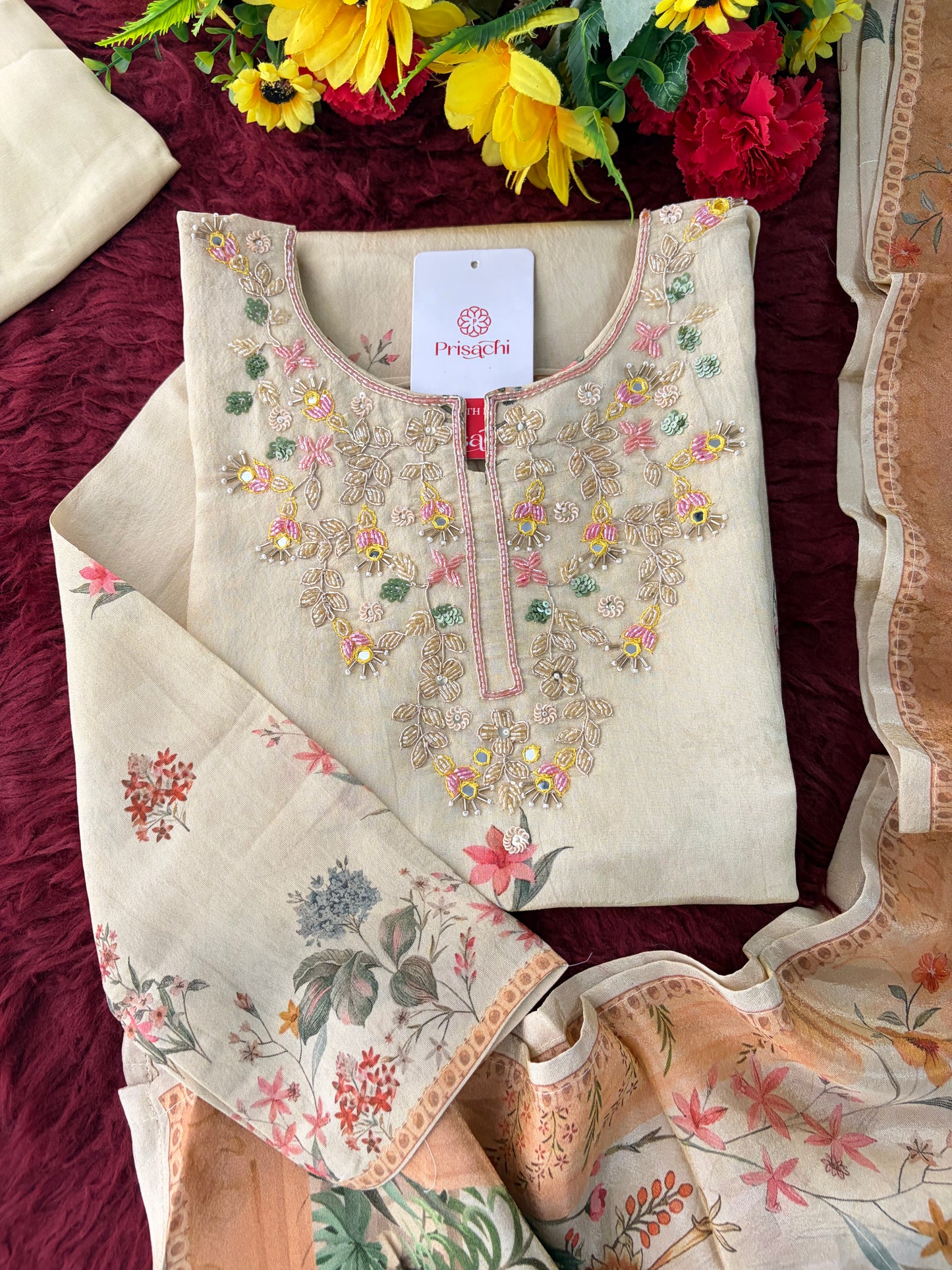 Cream Floral Printed Embroidered Kurta Set with Pants & Dupatta for Women | Festive Ethnic Suit