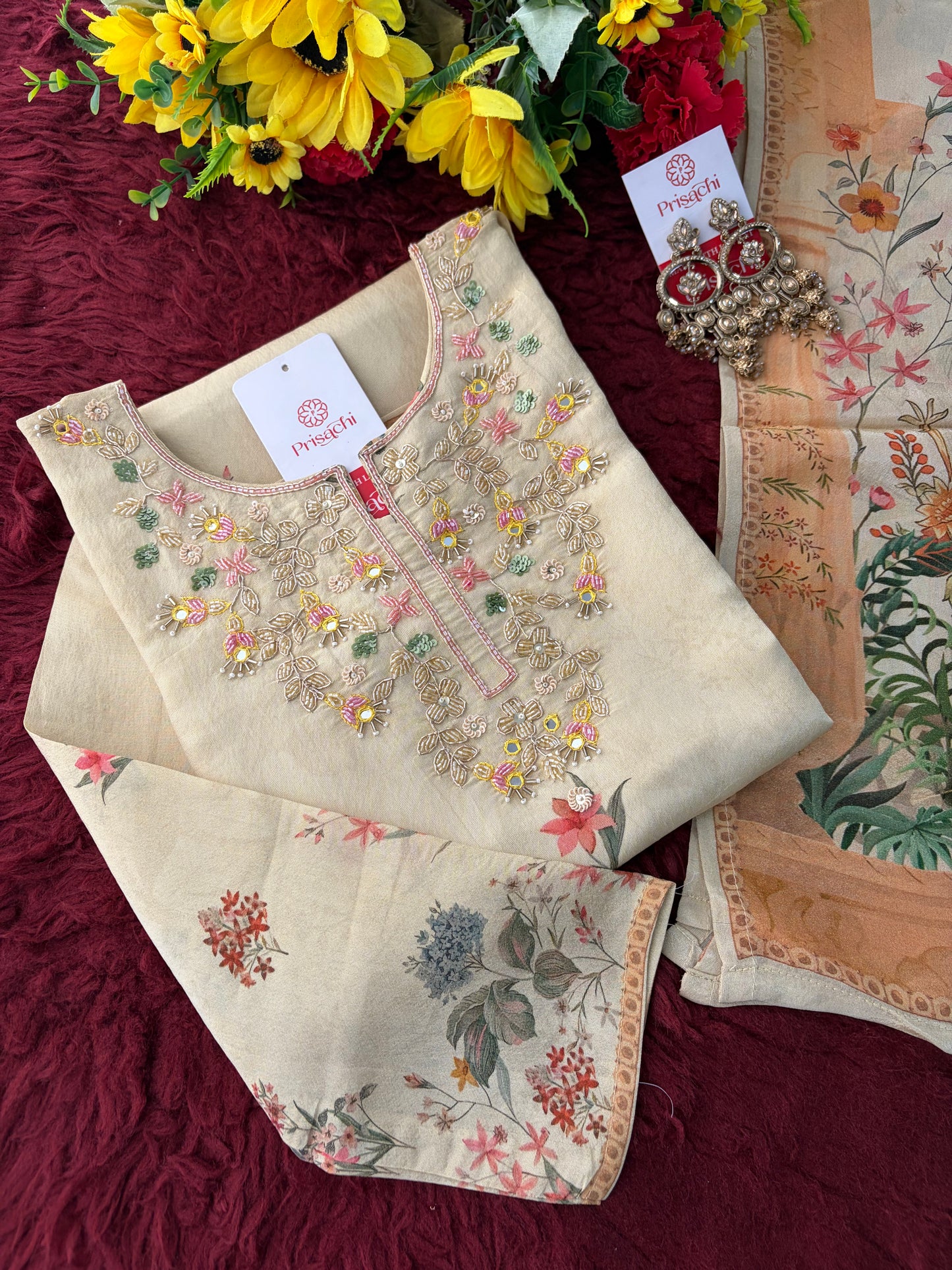 Cream Floral Printed Embroidered Kurta Set with Pants & Dupatta for Women | Festive Ethnic Suit