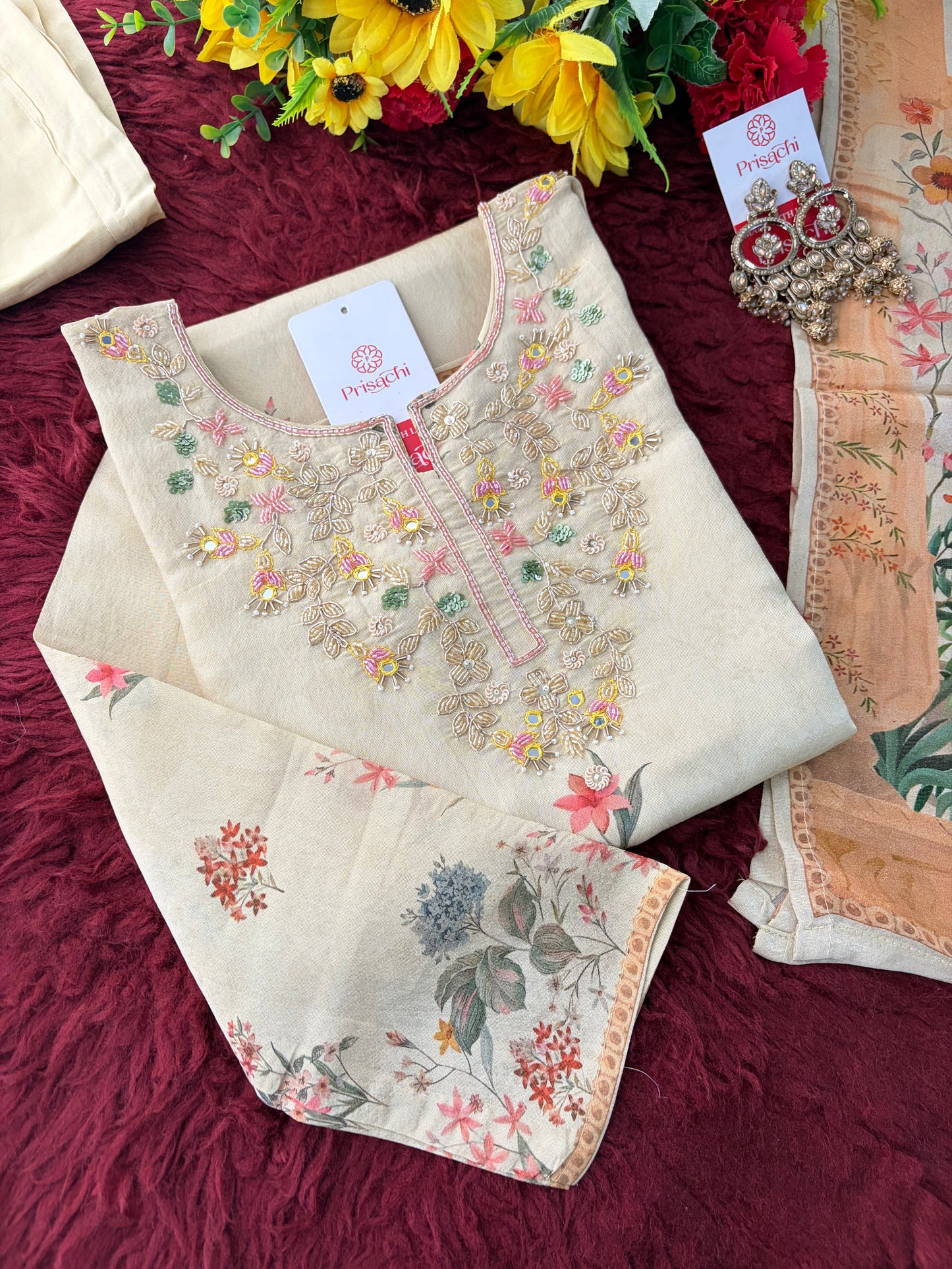 Cream Floral Printed Embroidered Kurta Set with Pants & Dupatta for Women | Festive Ethnic Suit