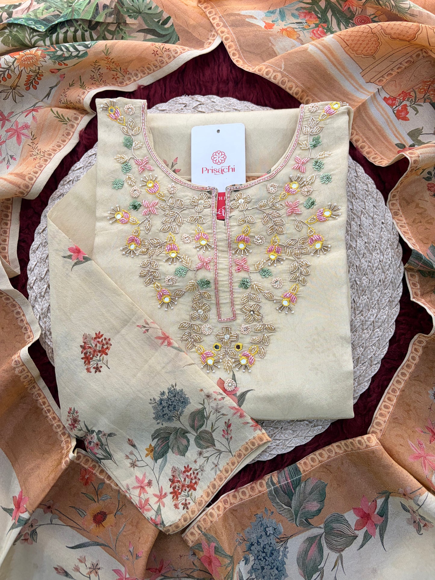 Cream Floral Printed Embroidered Kurta Set with Pants & Dupatta for Women | Festive Ethnic Suit