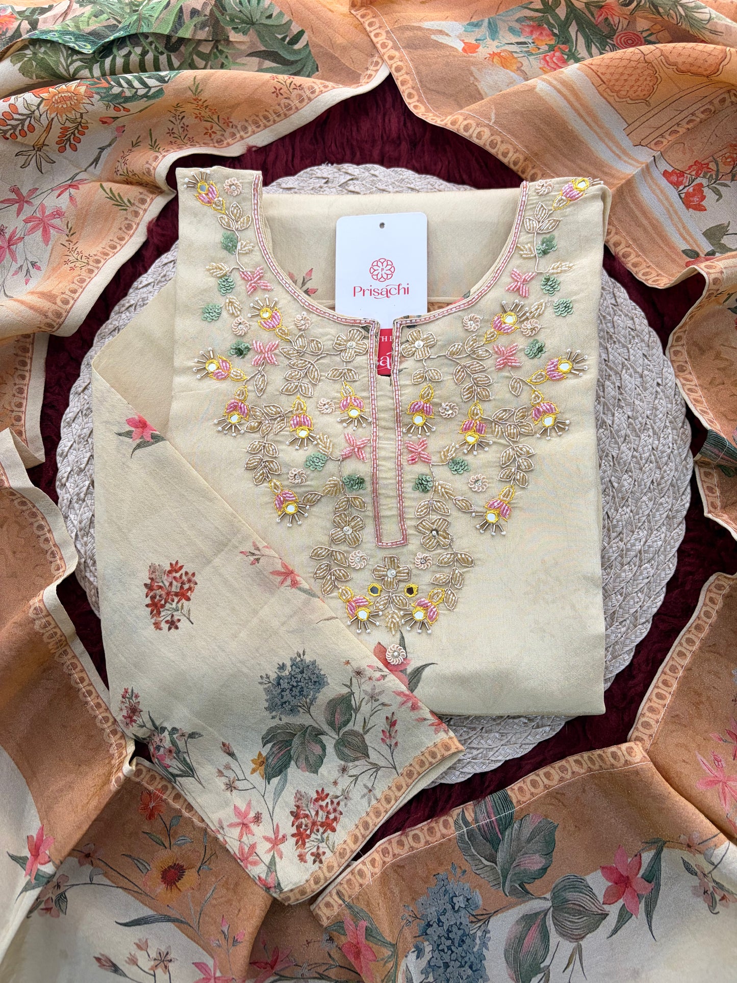 Cream Floral Printed Embroidered Kurta Set with Pants & Dupatta for Women | Festive Ethnic Suit