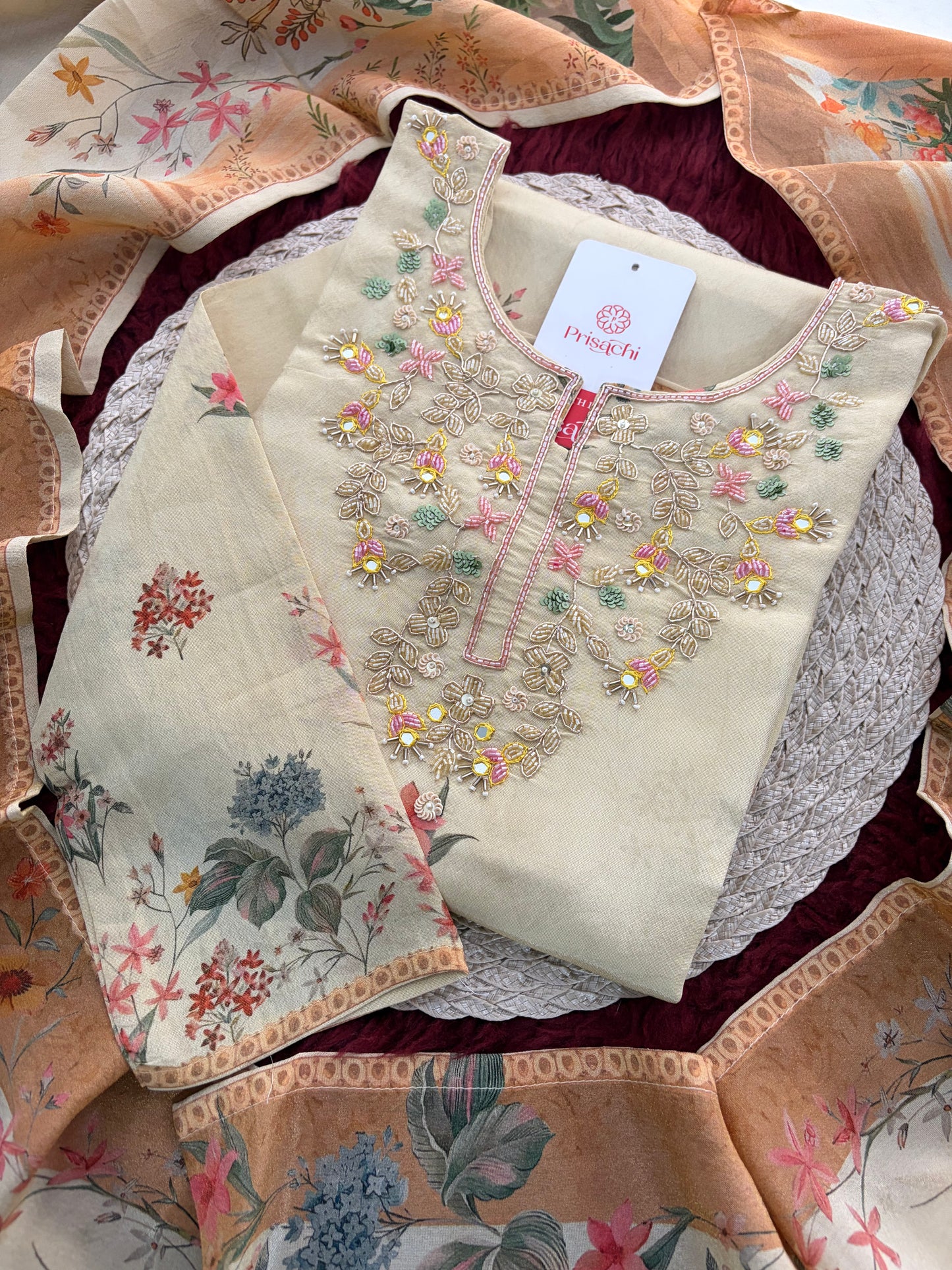 Cream Floral Printed Embroidered Kurta Set with Pants & Dupatta for Women | Festive Ethnic Suit