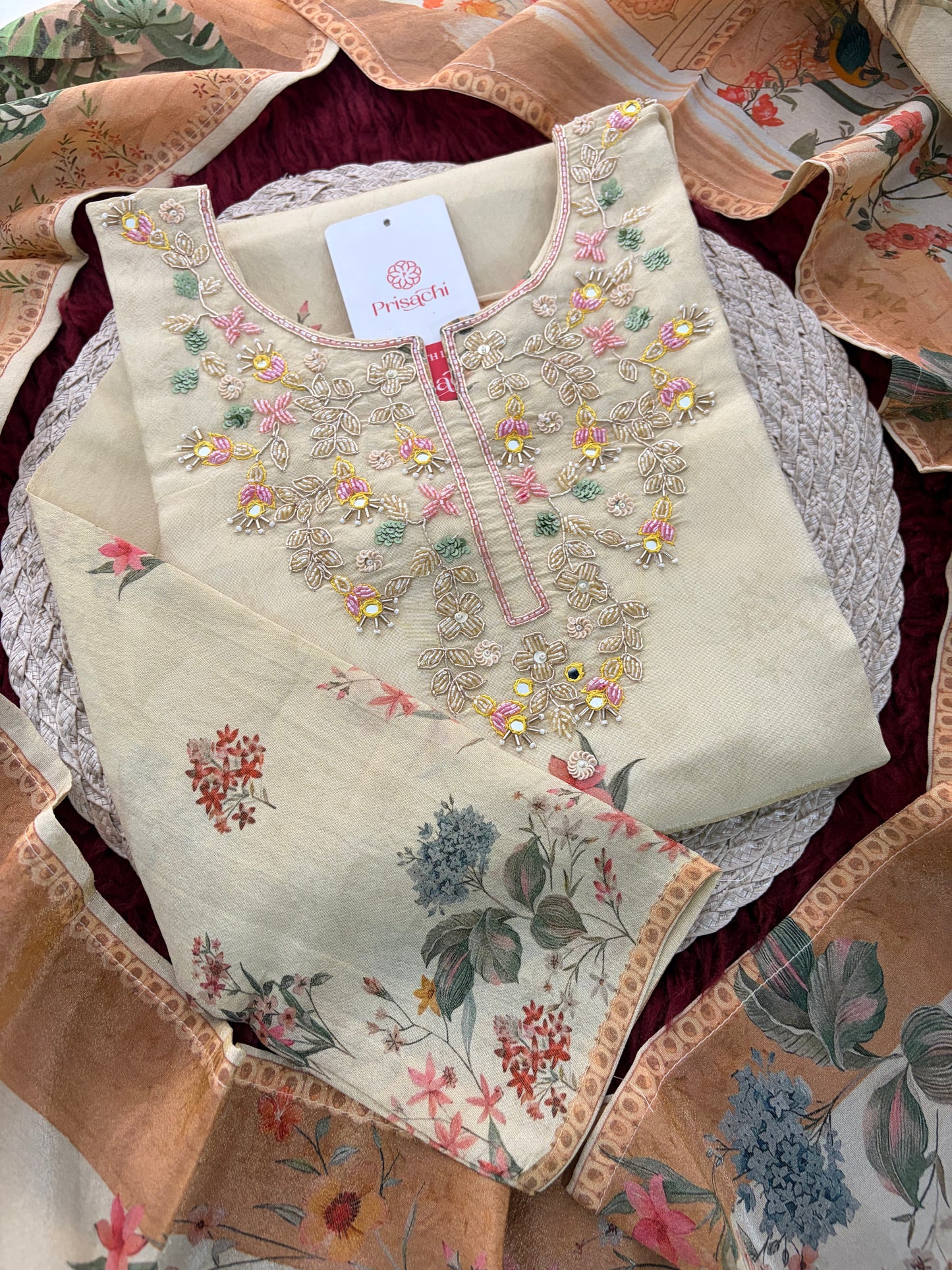 Cream Floral Printed Embroidered Kurta Set with Pants & Dupatta for Women | Festive Ethnic Suit