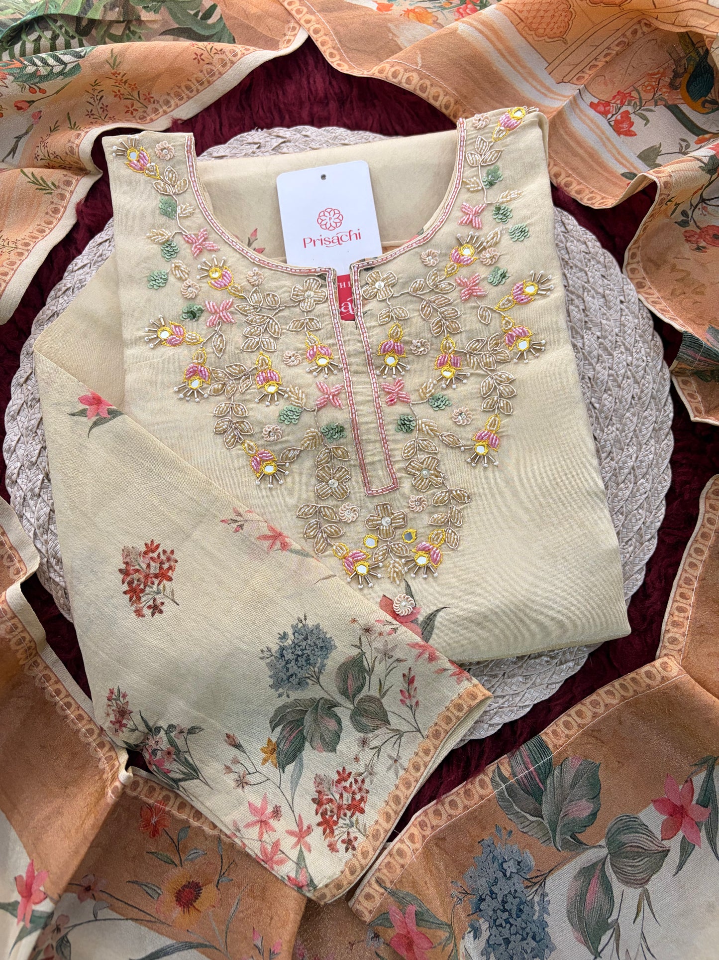 Cream Floral Printed Embroidered Kurta Set with Pants & Dupatta for Women | Festive Ethnic Suit