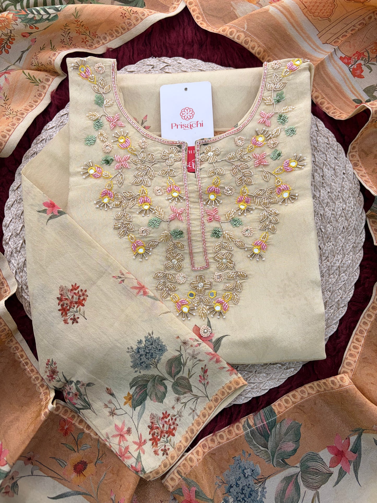 Cream Floral Printed Embroidered Kurta Set with Pants & Dupatta for Women | Festive Ethnic Suit
