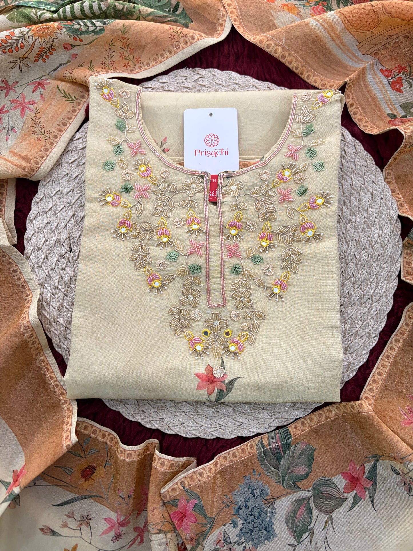 Cream Floral Printed Embroidered Kurta Set with Pants & Dupatta for Women | Festive Ethnic Suit