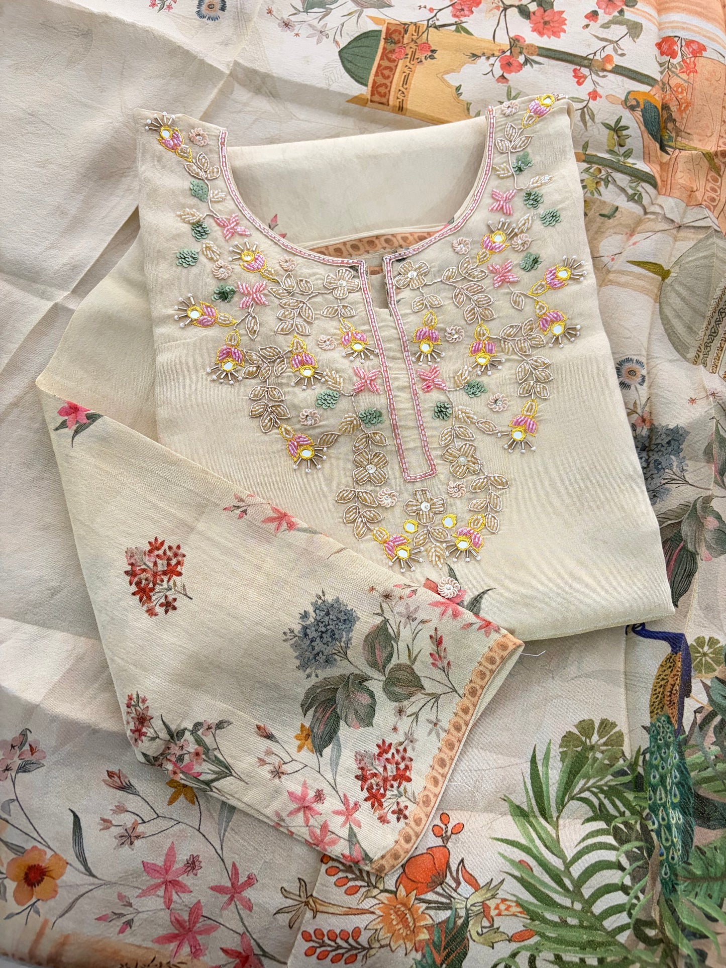 Cream Floral Printed Embroidered Kurta Set with Pants & Dupatta for Women | Festive Ethnic Suit