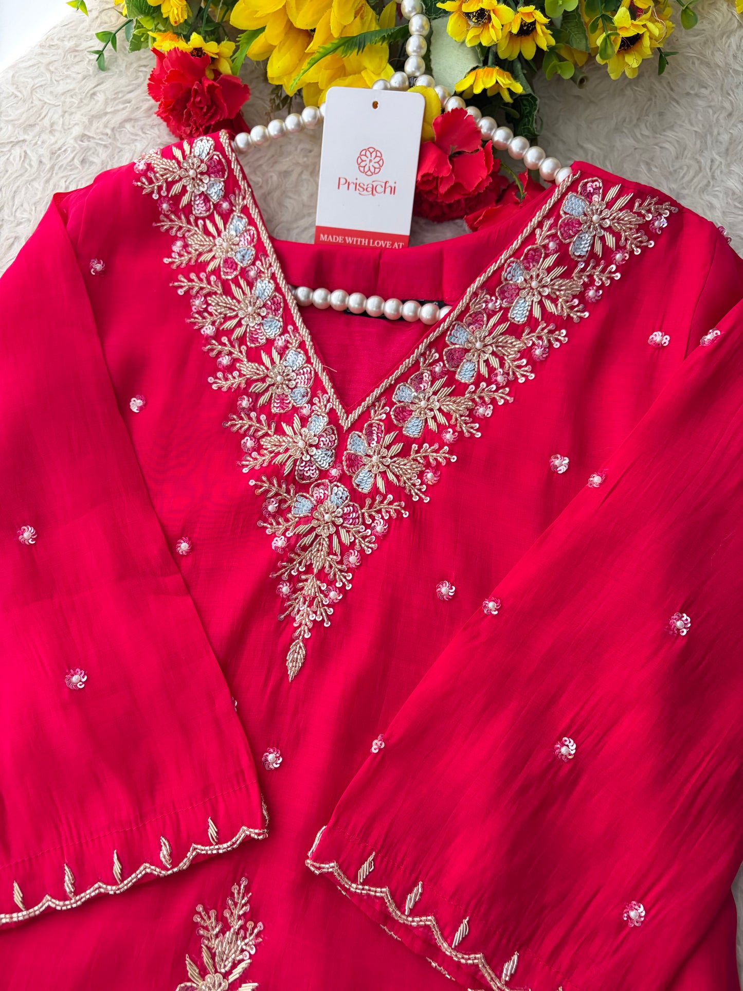 Pink Zardozi Embroidered Ethnic Kurta Set for Women with Dupatta & Pants | Festive Party Wear Suit Set